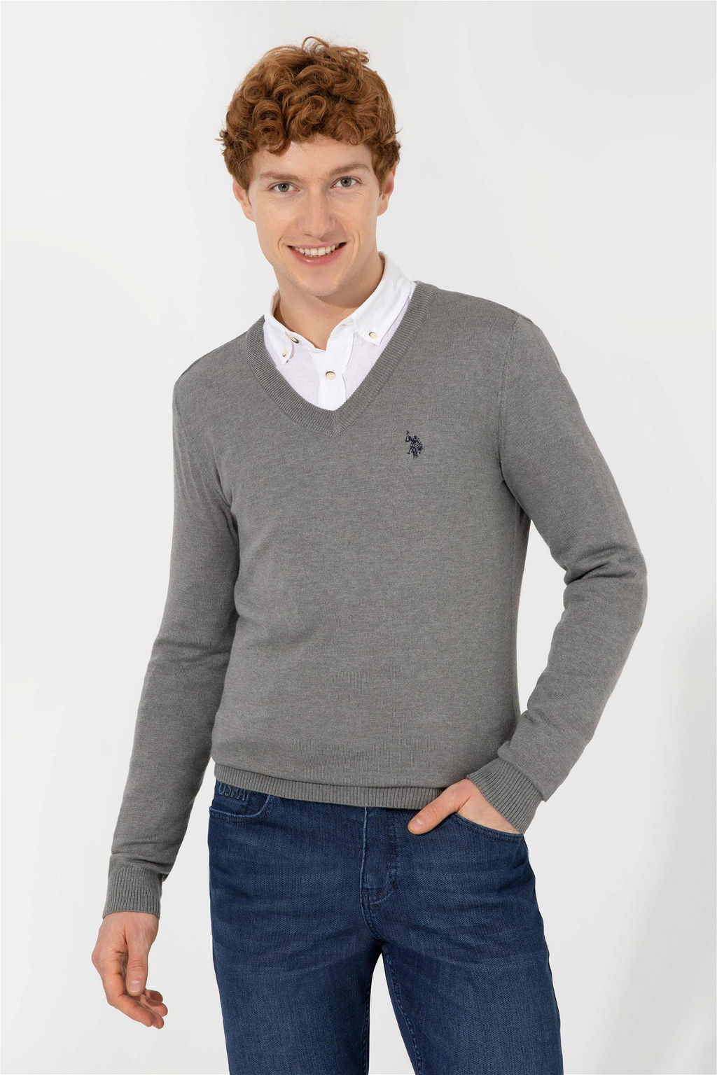 U. S. Polo Assn Мужской серый меланжевый базовый трикотажный свитер с v-образным вырезом - U.s. polo assn фото 9
