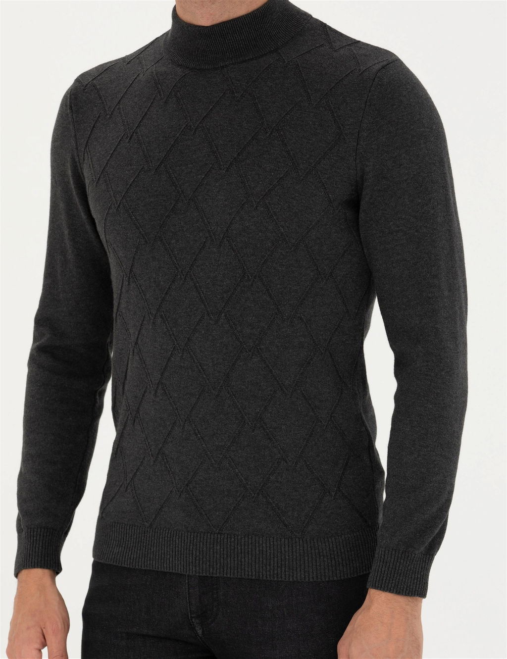 Antrasit Melanj Slim Fit Yar_m Bal_k__ Yaka Triko Kazak