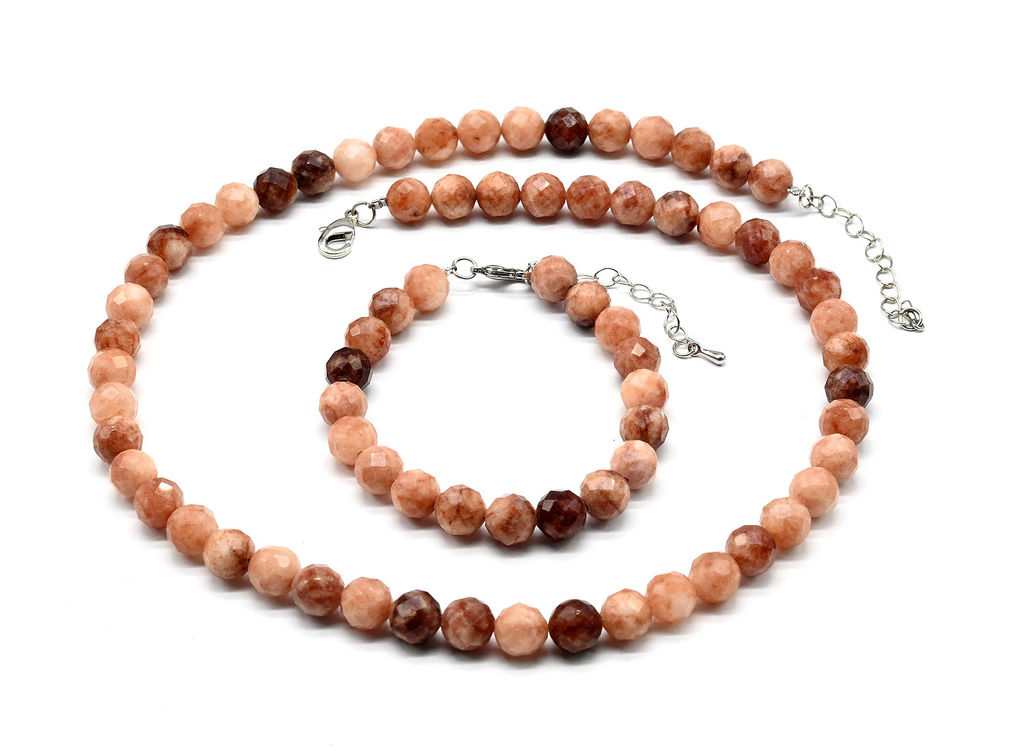 Бусы с браслетом из камня кальцит граненые 8мм цв.беломорит, 47см, 17,5см