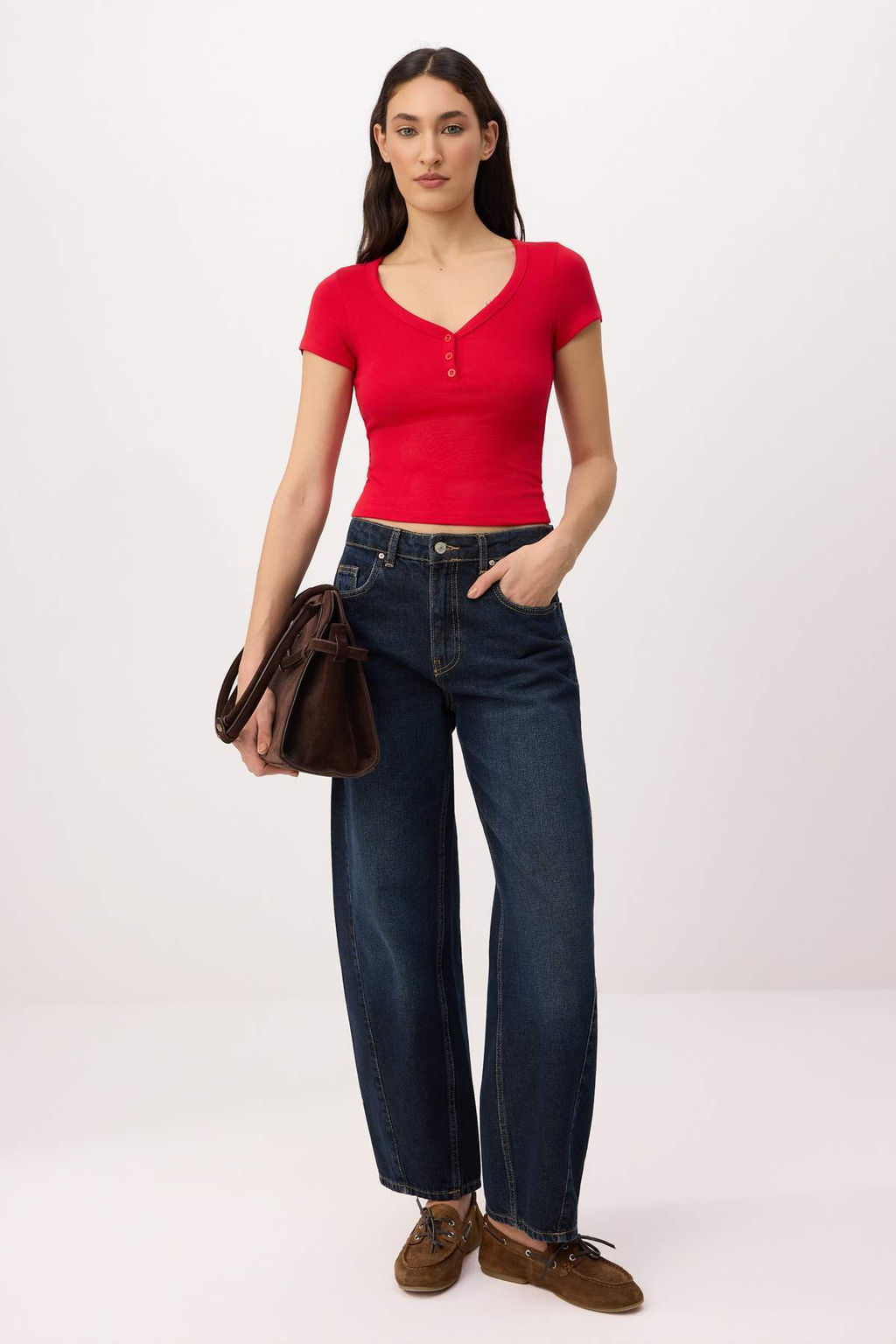 Ekru Fitted/Vucuda Oturan V Yaka K?sa Kollu Pamuk Ribana Orme T-Shirt TWOSS26TS00125 - Trendyolmilla фото 10