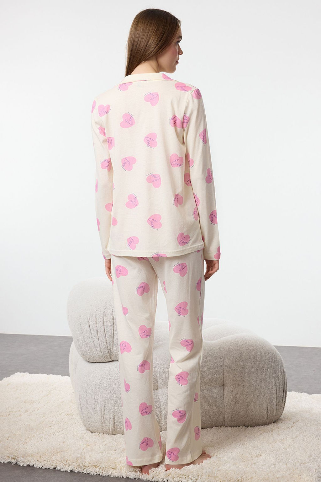 Ekru %100 Pamuklu Sloganl? Kalpli Orme Pijama Tak?m? THMAW25PT00098