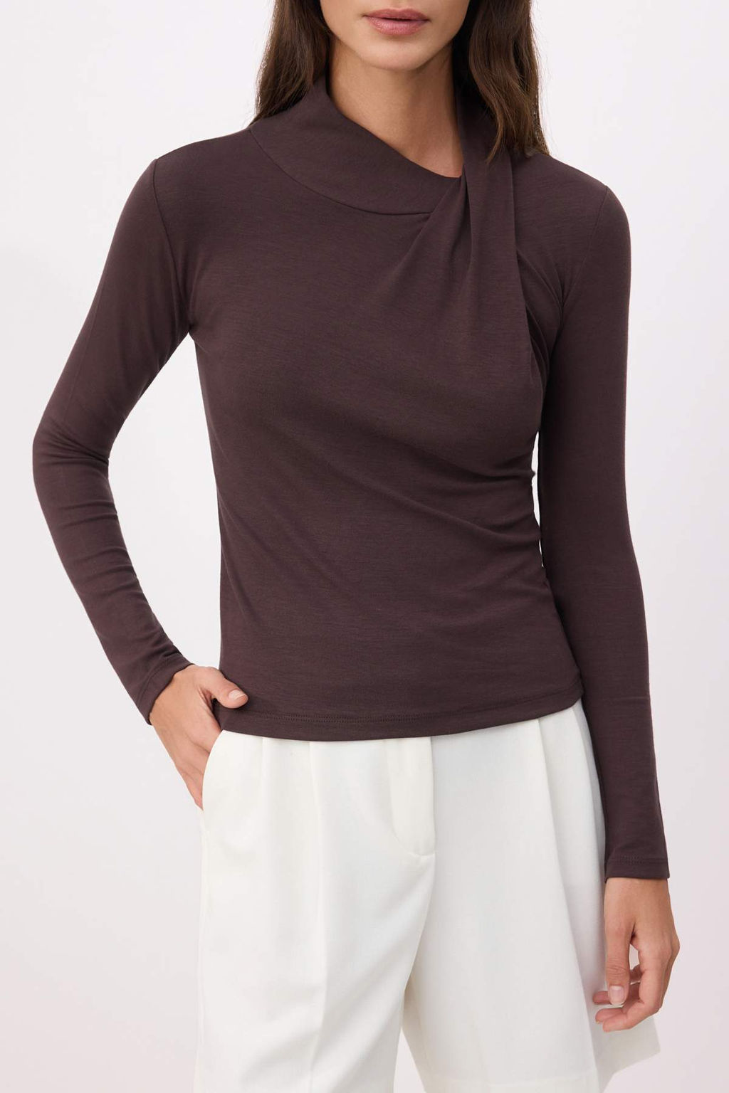 Kahverengi Fitted/Vucuda Oturan Fular Yaka Uzun Kollu Pamuk Ribana Orme Bluz TWOSS26BZ00722 - Trendyolmilla фото 3