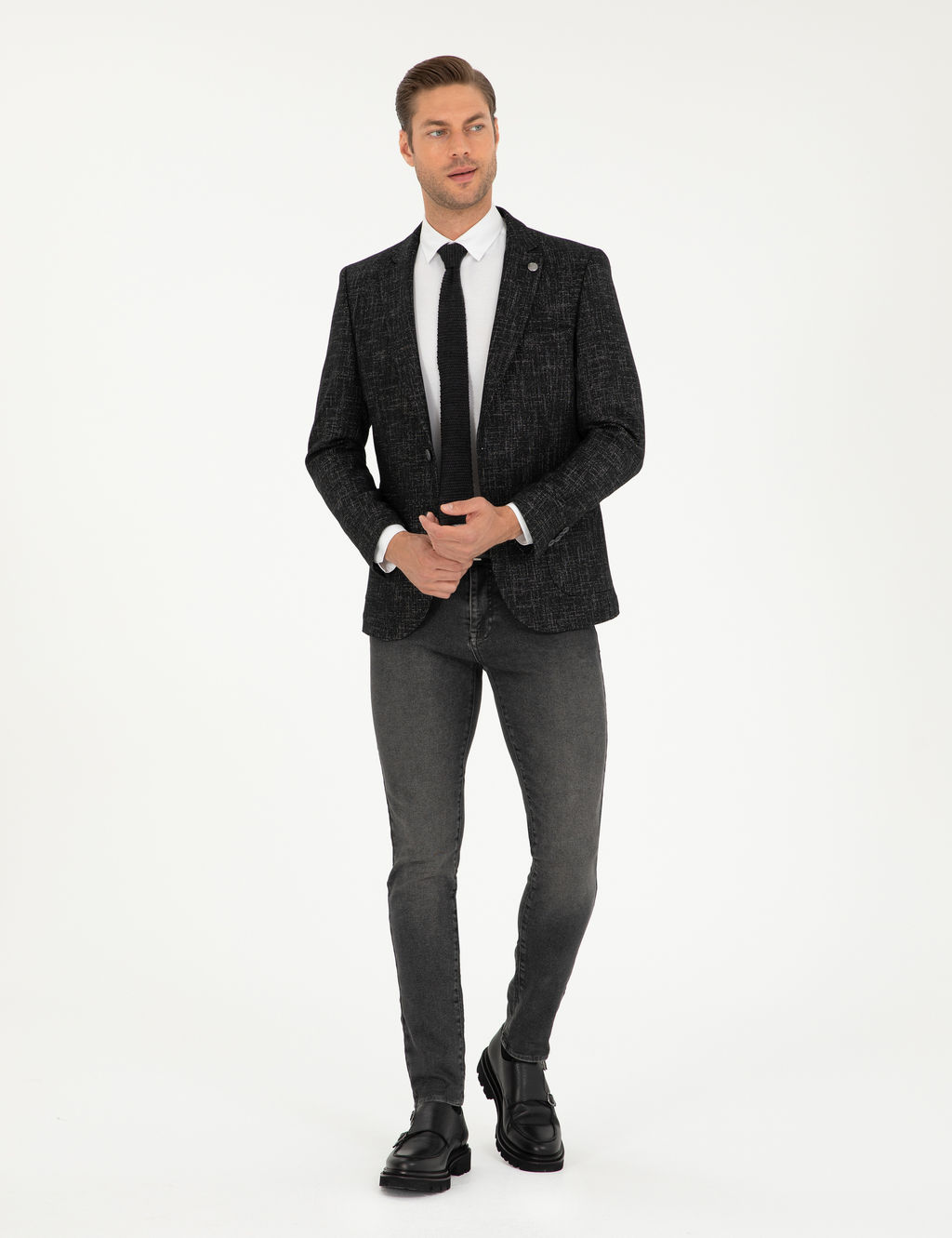 Siyah Y_n Kar___ml_ Ex. Slim Fit Ceket