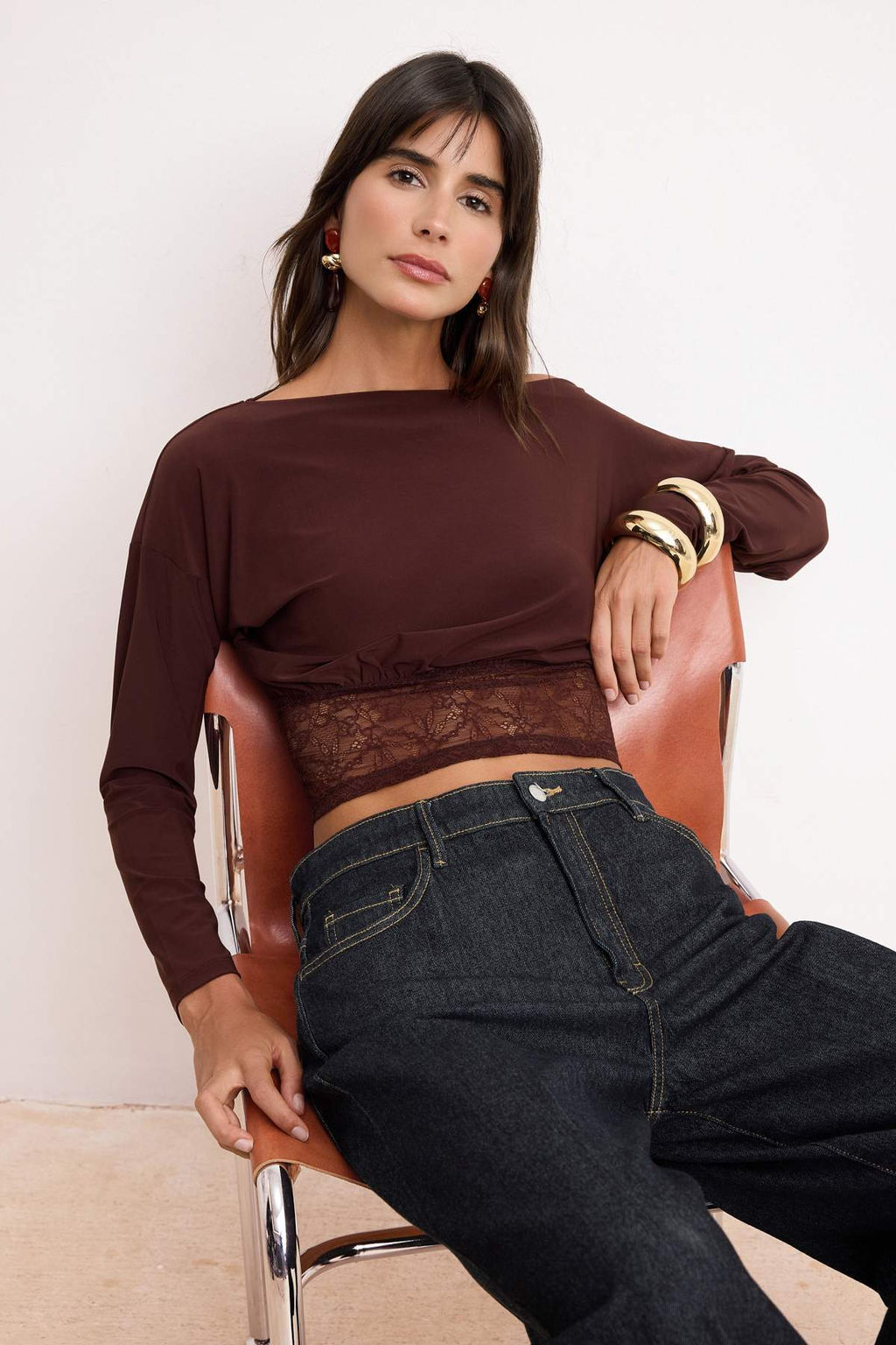 Kahverengi Asimetrik Yaka Dantel Garnili Party Bluz TPRSS26BZ00008