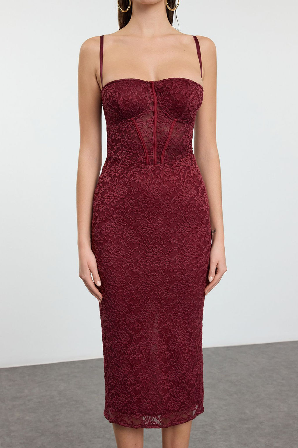 TRENDYOLMILLA Siyah Astarl? Dantel Orme Midi Elbise TPRAW25EL00120  фото 9