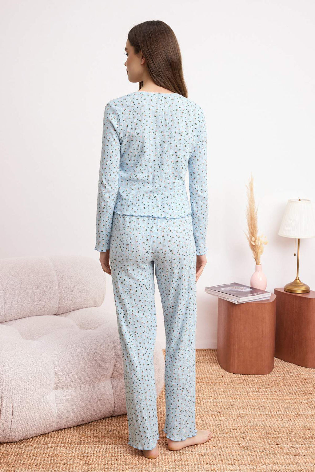 Kahverengi %100 Pamuklu Cicek Desenli Fitilli/Pointel Orme Pijama Tak?m? THMSS26PT00067 - Trendyolmilla фото 14