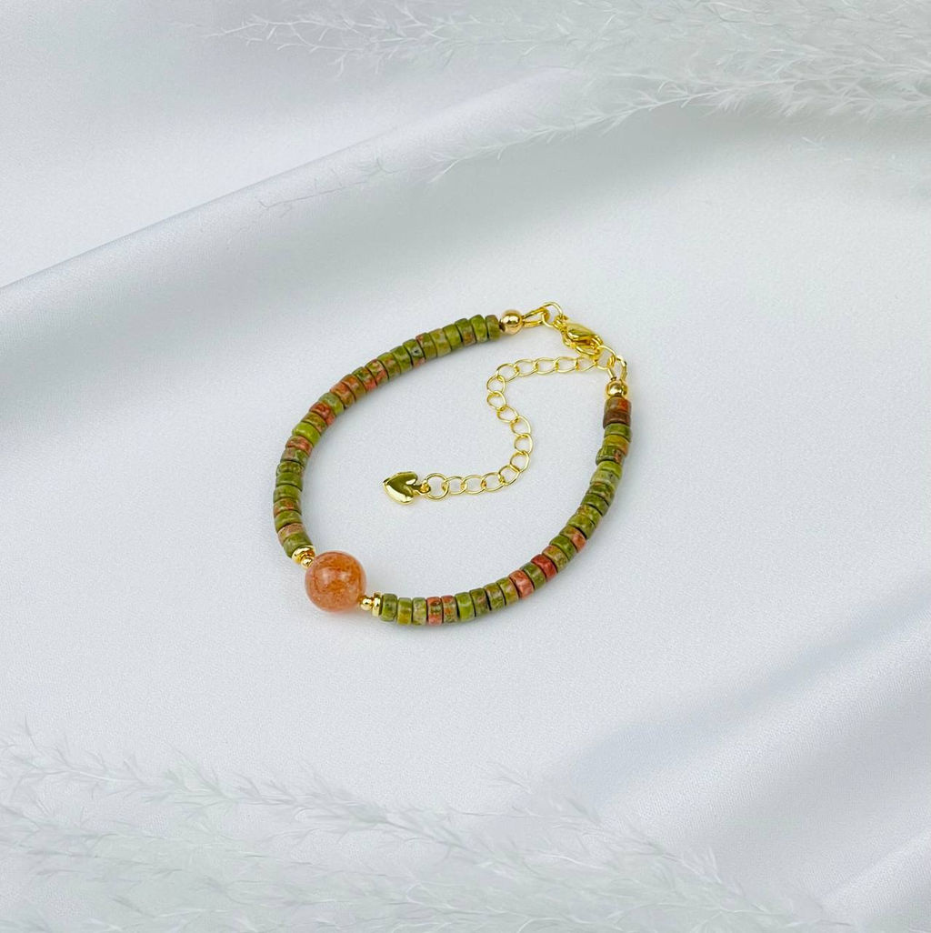 Браслет из Унакита и Солнечного камня 16,5 см + - Радуга самоцветов фото 2