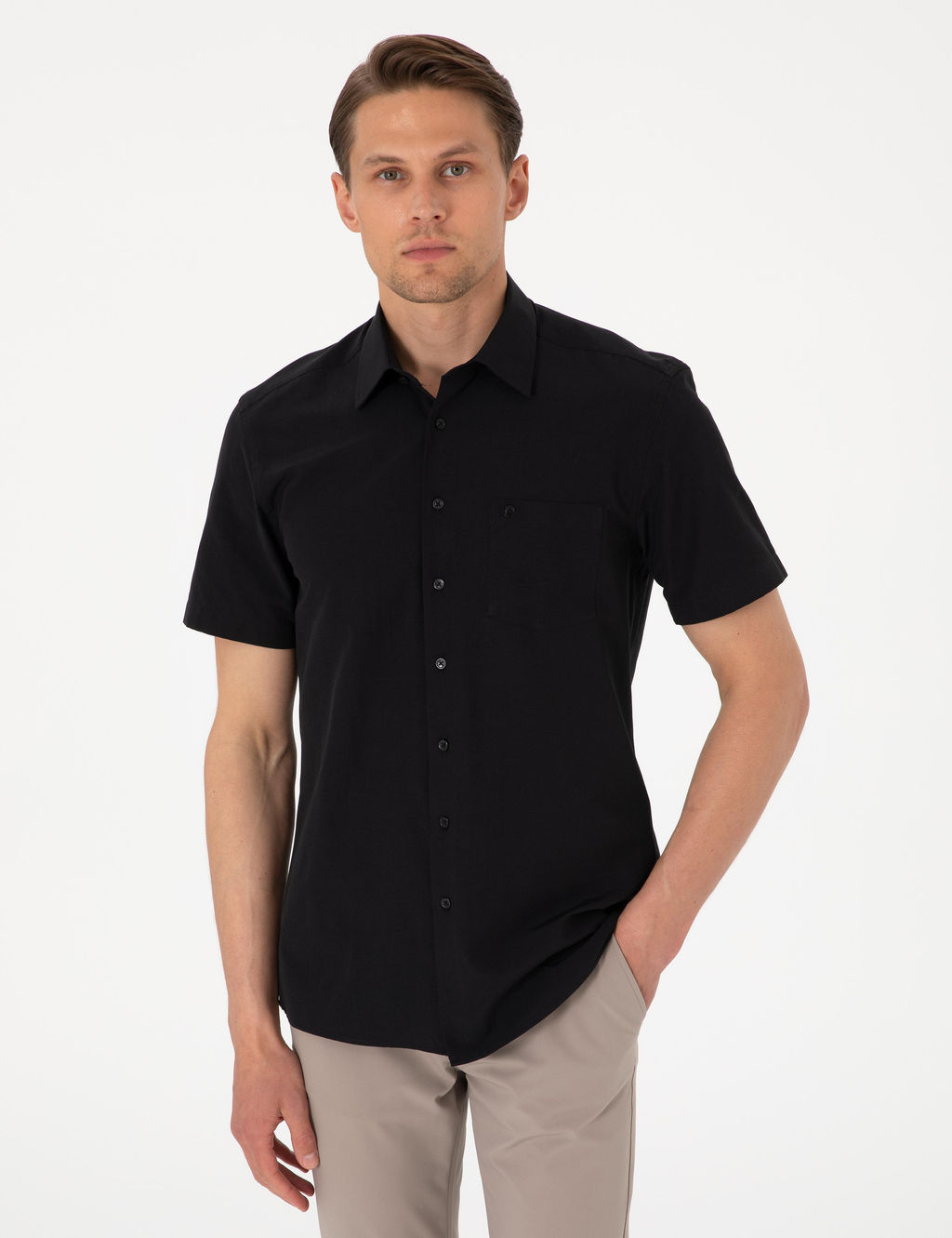 Siyah Basic Regular Fit K_sa Kollu Cepli G_mlek