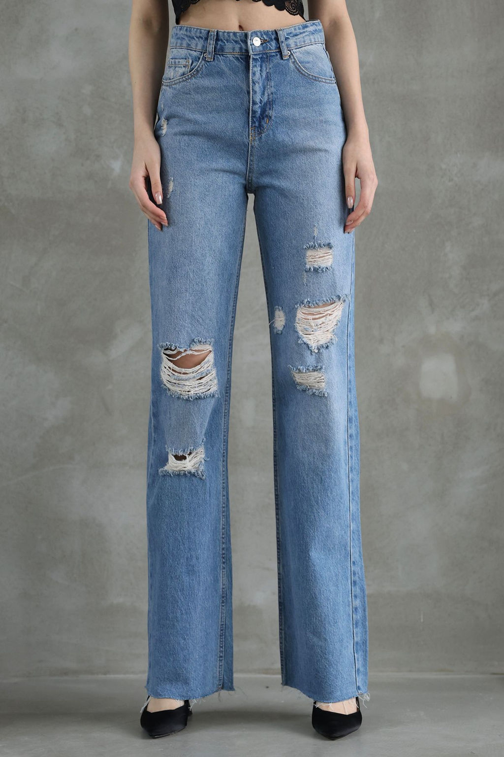 Mavi Y?rt?k Detayl? Pacas? Kesikli Yuksek Bel Duz Kesim Straight Jeans TWOSS25JE00138 - Trendyolmilla фото 3