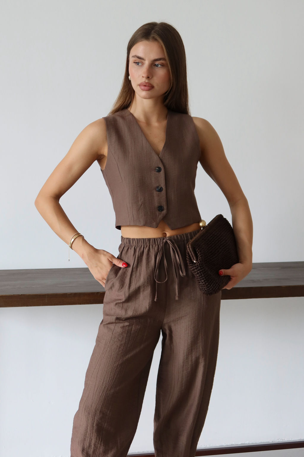 Kahverengi Yelek Pantolon Dokuma Alt - Ust Tak?m TWOAW26AU00068 - Trendyolmilla фото 3