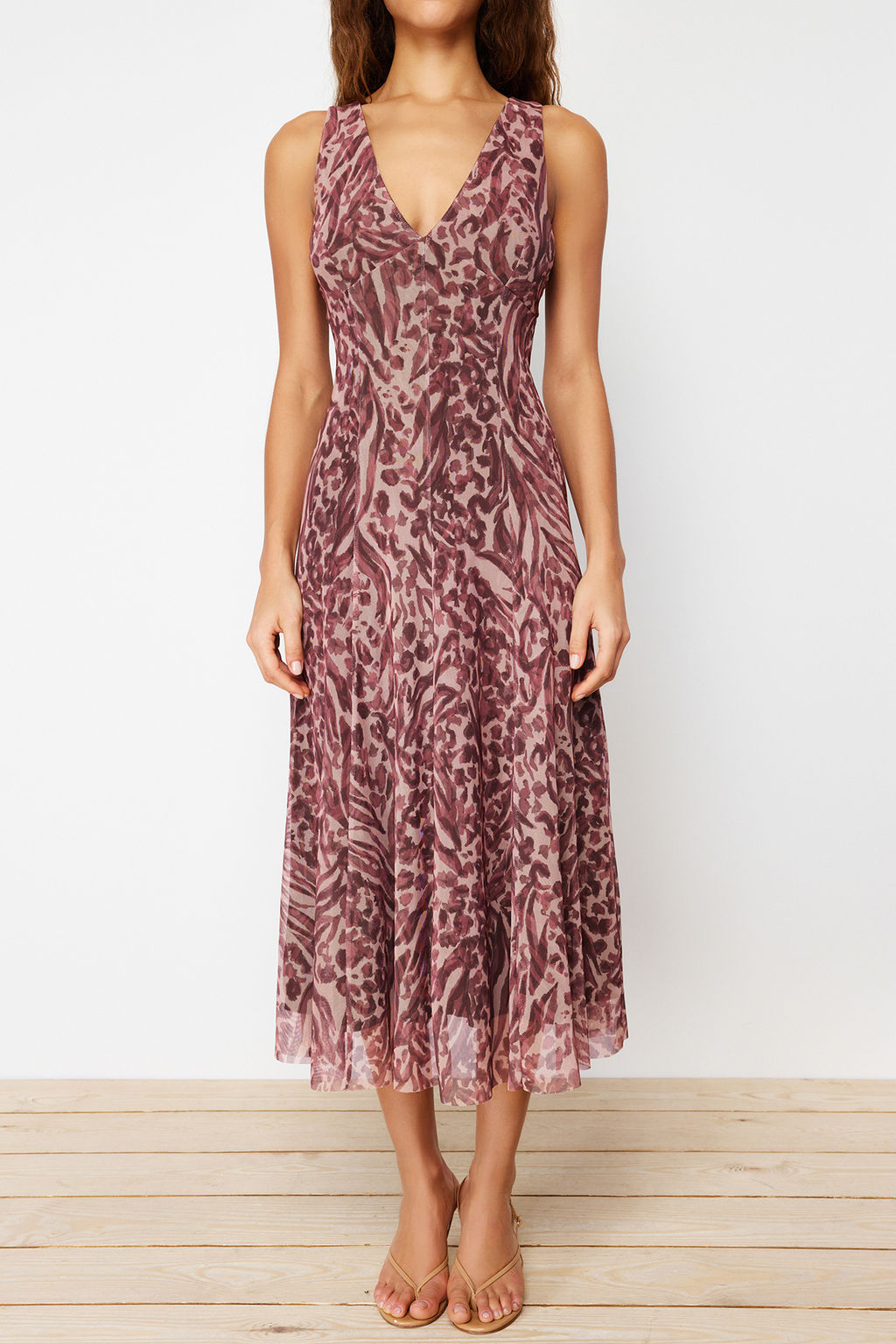 Kahverengi Animal/Leopar Bask?l? V Yaka Tul A-Line Midi Esnek Orme Elbise TWOSS24EL00384