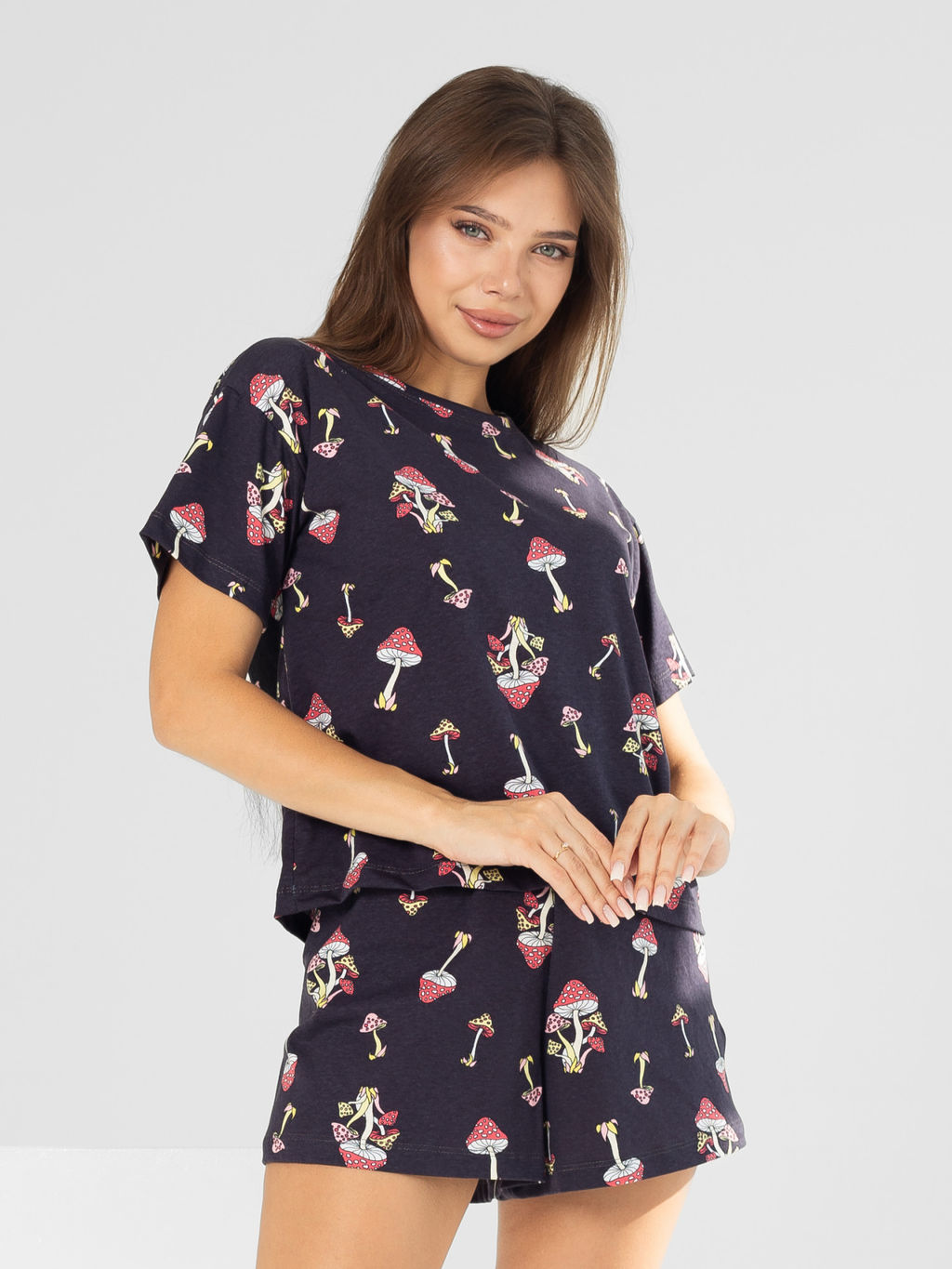 Пижама женская кулирка с шортами "ГРИБОЧКИ" ЧЕРНИЛО