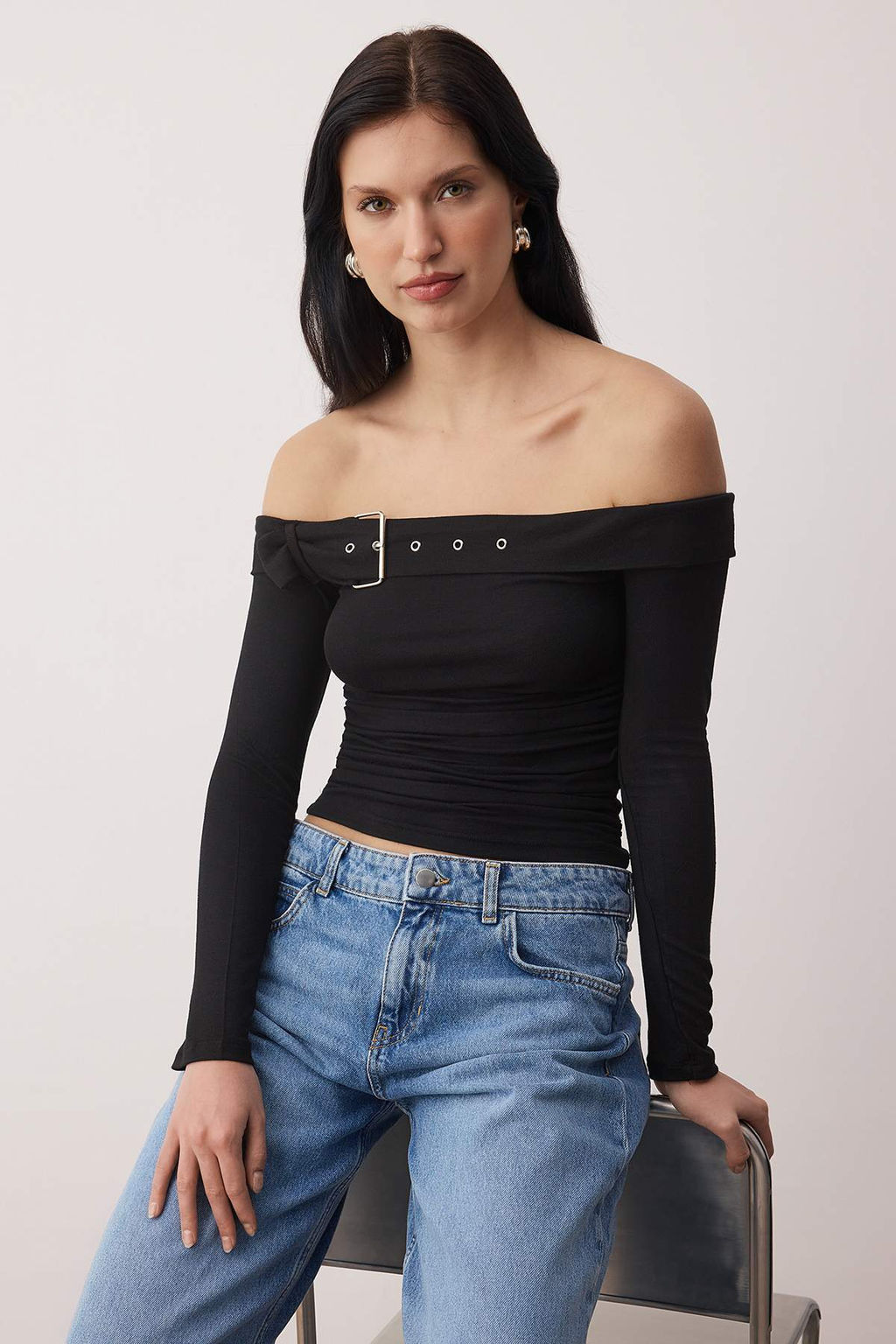 Haki Kemer Aksesuar Detayl? Fitted/Vucuda Oturan Carmen Yaka Orme Bluz TWOAW26BZ00323 - Trendyolmilla фото 5