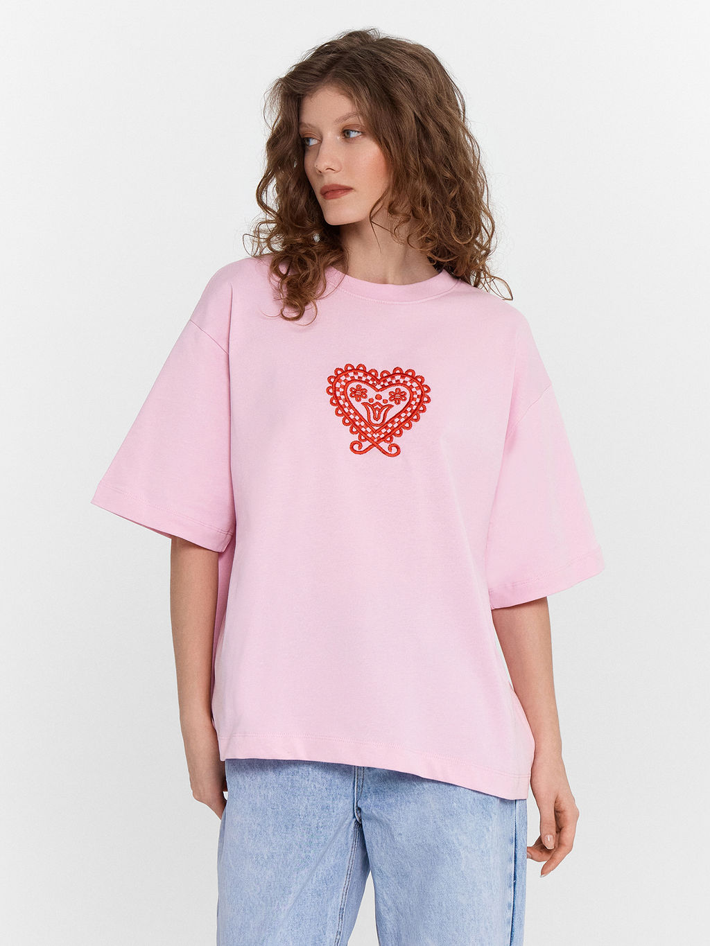 Футболка женская розовая с вышивкой в виде сердца орхидея 112961