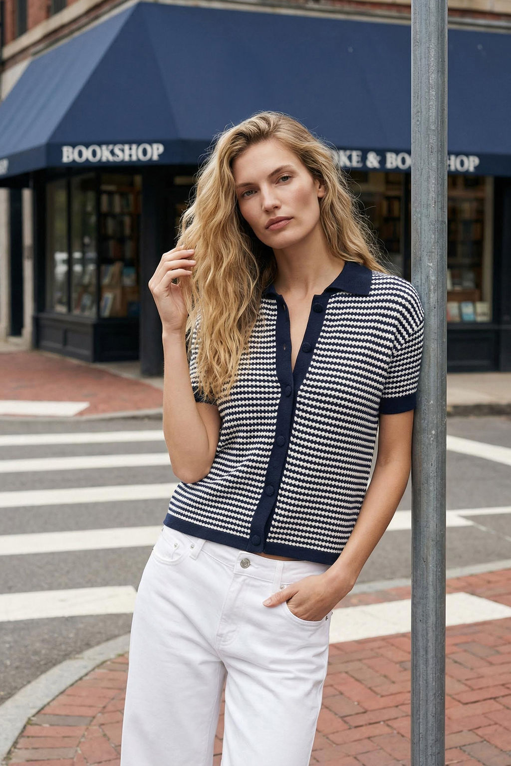 Lacivert Polo Yaka Cizgili Triko Bluz TWOSS25BZ00183