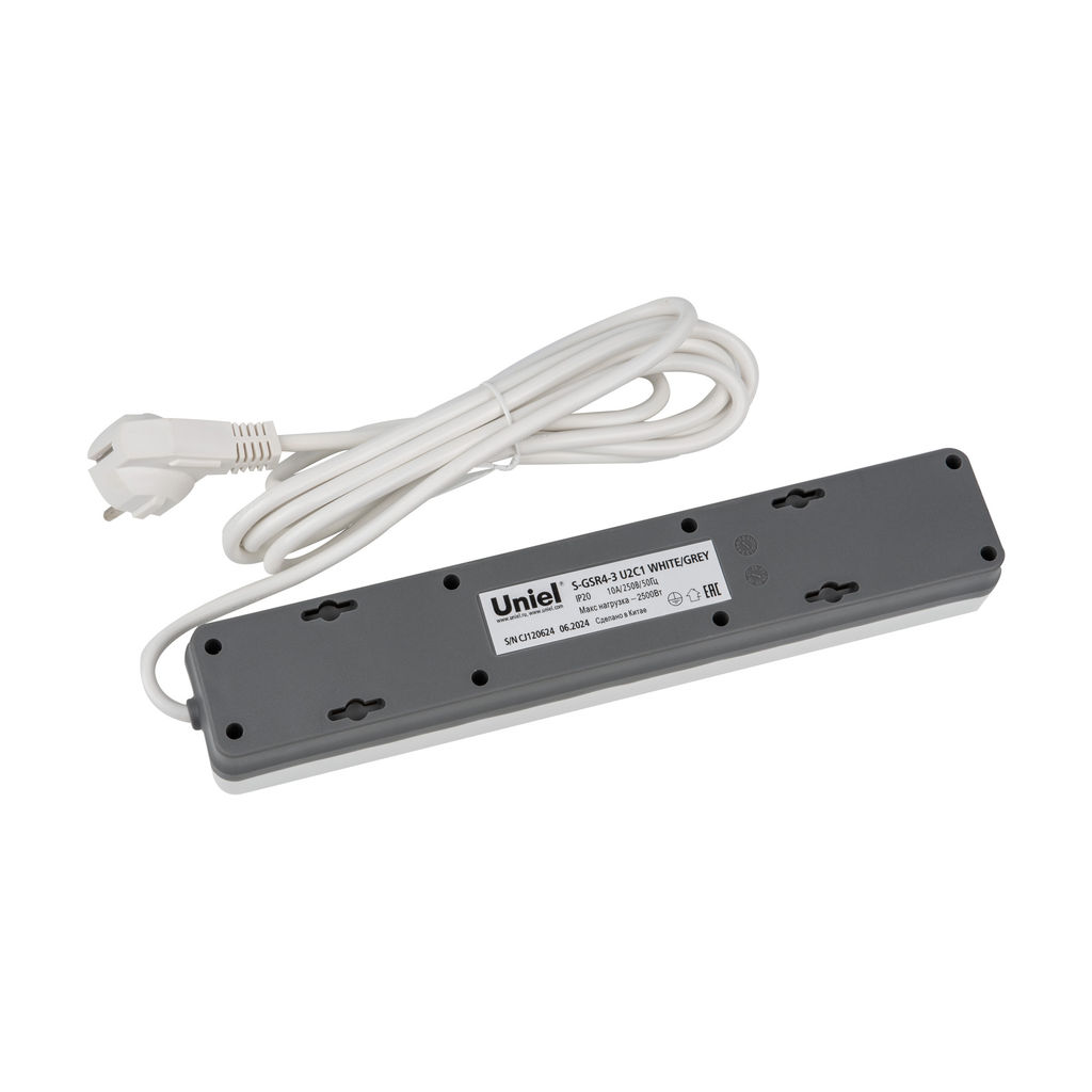 S-GSR4-3 U2C1 WHITE/GREY Сетевой фильтр серии Standard, шнур 3м (Пвс 3х0,75), 4 гнезда, с/з, 2USB+1TYPE C, 10A, 2500Вт. Белый/серый. TM Uniel