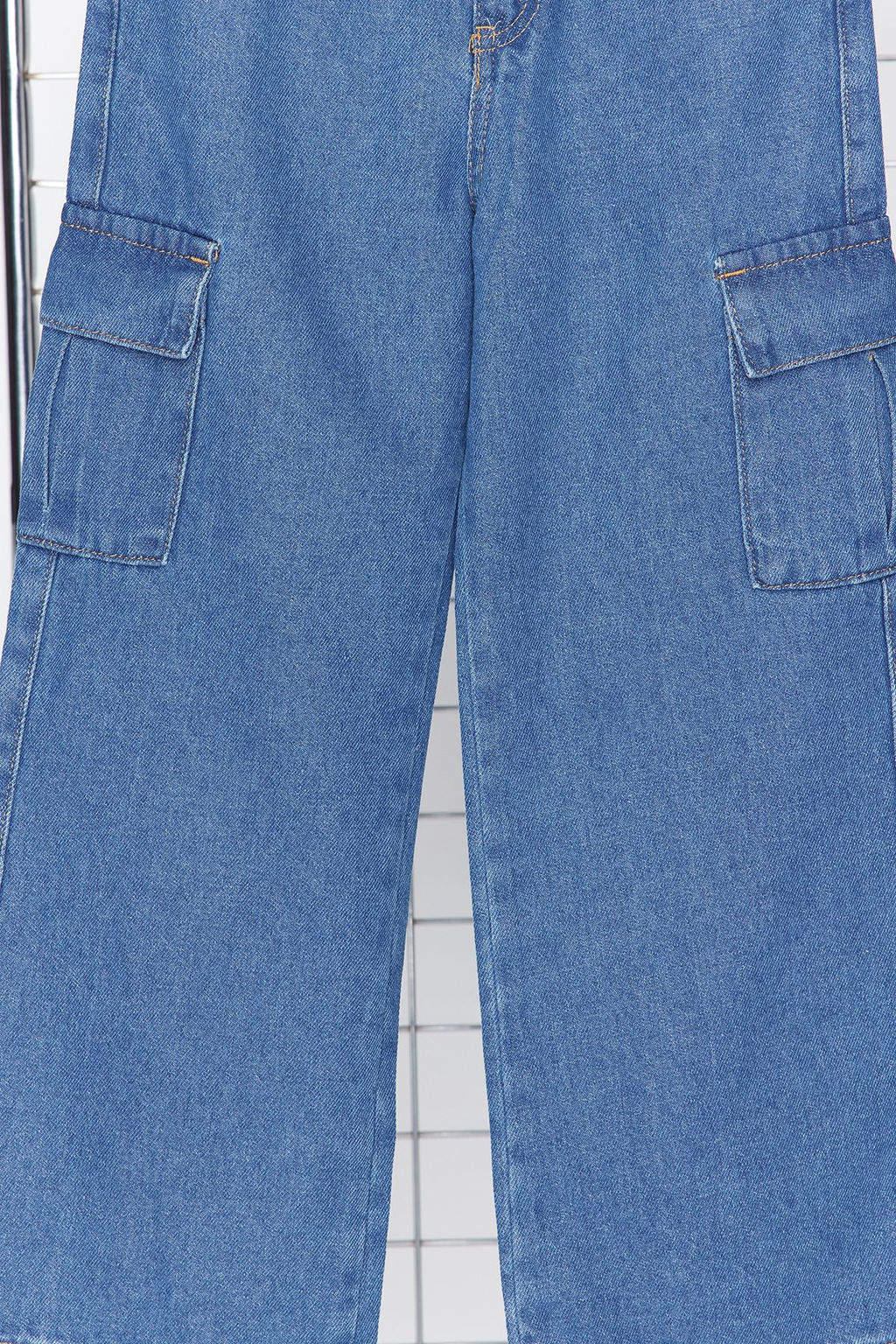 Koyu Mavi K?z Cocuk Wide Leg Kargo Cepli Pamuklu Lastikli Denim Pantolon Jean TKDSS24PL00001 - Trendyolmilla фото 7