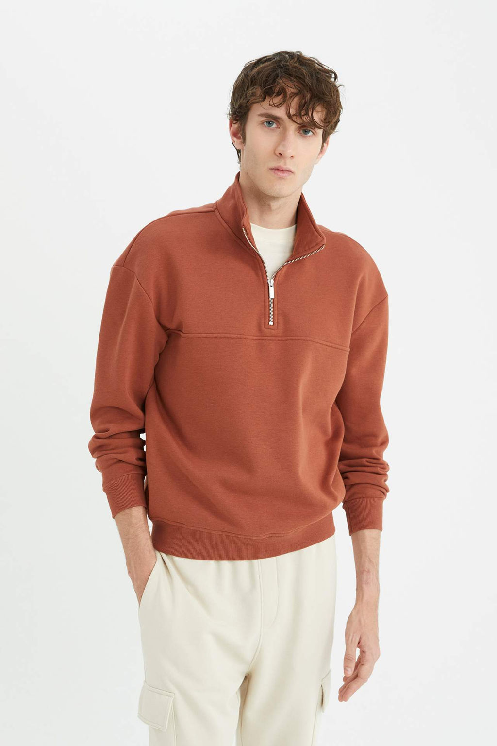 Relax Fit Dik Yaka Fermuarl? Basic Duz Kal?n Sweatshirt - Defacto фото 4