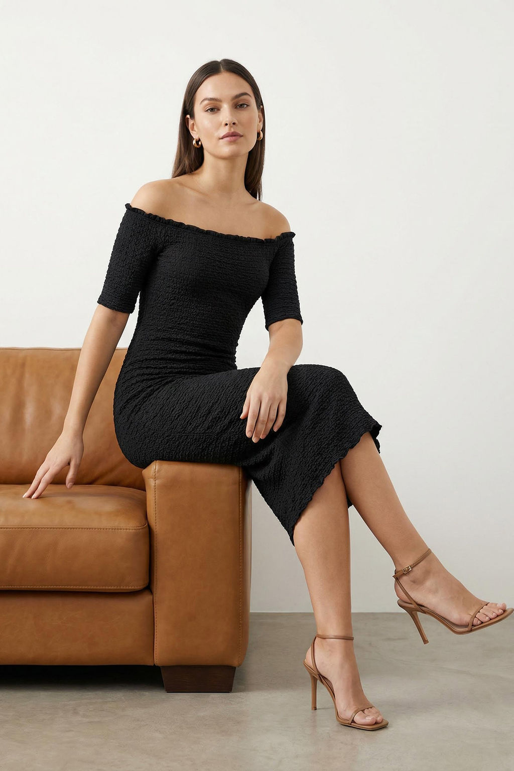 Siyah Duz Midi Dokulu Fitted/Vucuda Oturan Buzgulu Carmen Yaka Esnek Orme Elbise TWOSS25EL00067 - Trendyolmilla фото 24