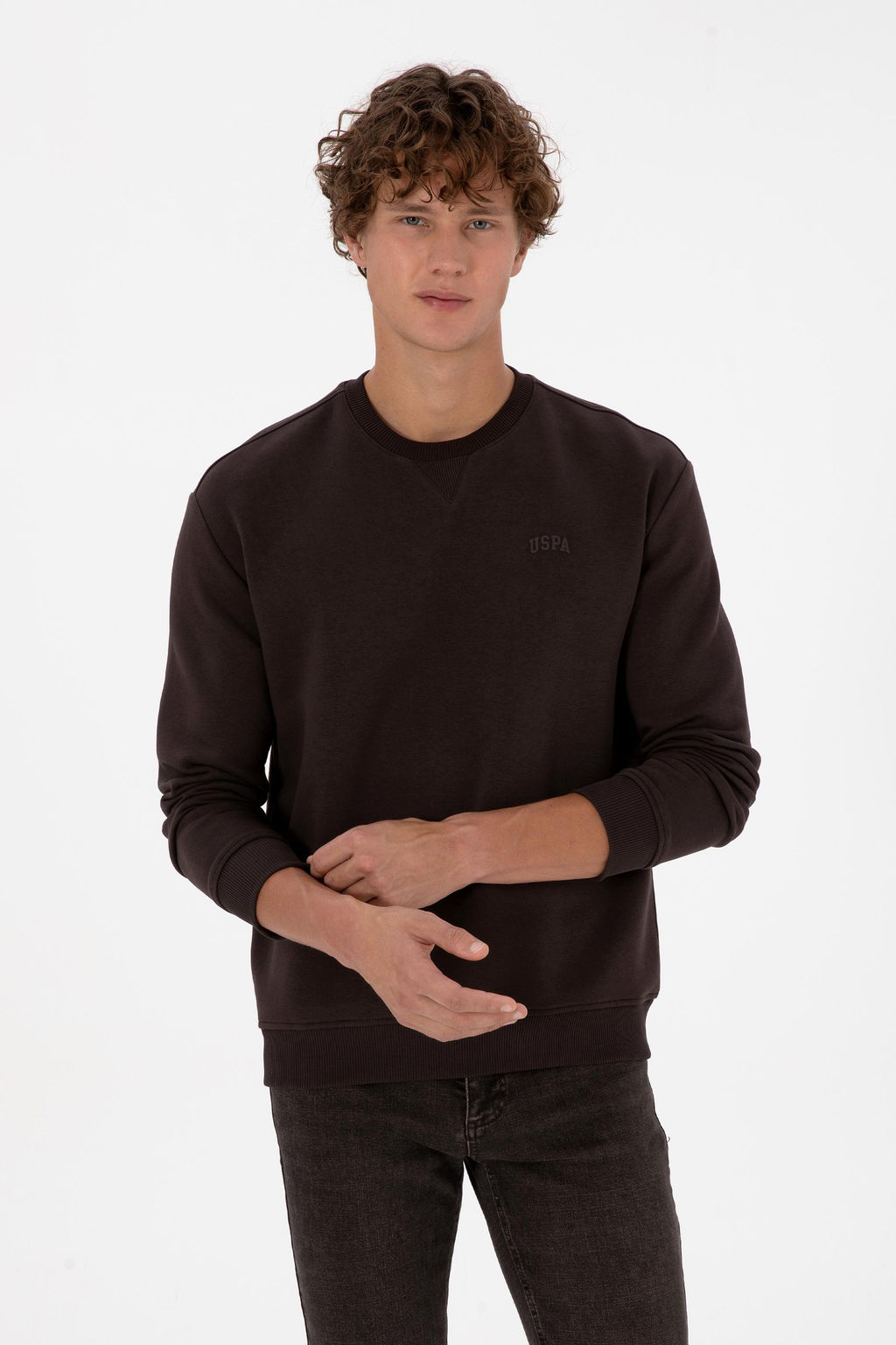 Erkek Koyu Kahverengi Basic Sweatshirt