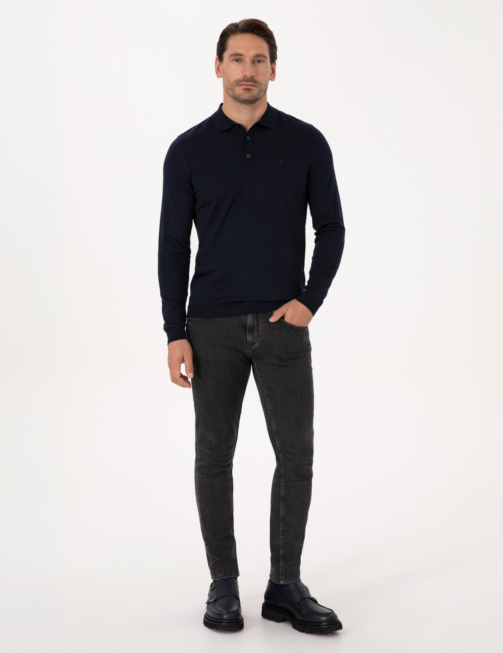 Lacivert Slim Fit Y_n Kar___ml_ Polo Yaka Basic Triko Kazak - Cacharel фото 4