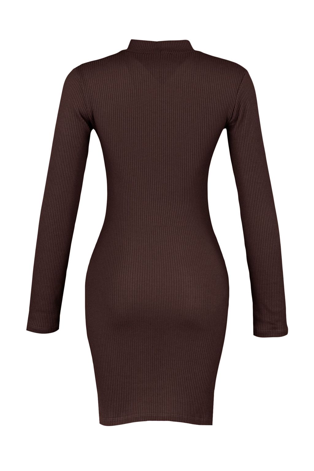 Trendyolmilla Kahverengi Dik Yaka Vucuda Oturan Uzun Kollu Y?rtmacl? Mini Fitilli Esnek Orme Elbise TWOAW23EL00506  фото 8