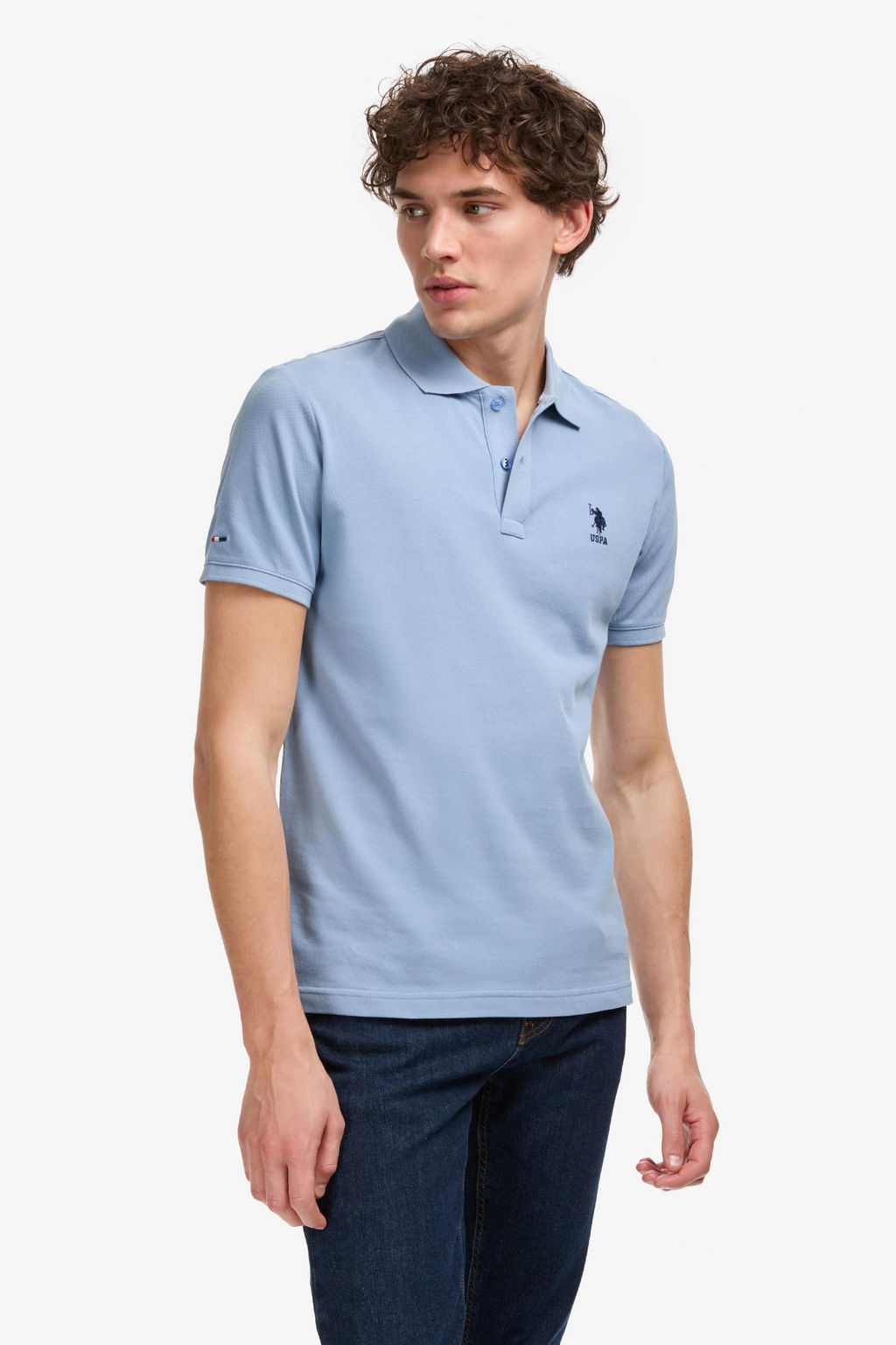 Erkek Slim Fit Polo Yaka Mavi Basic Ti__rt