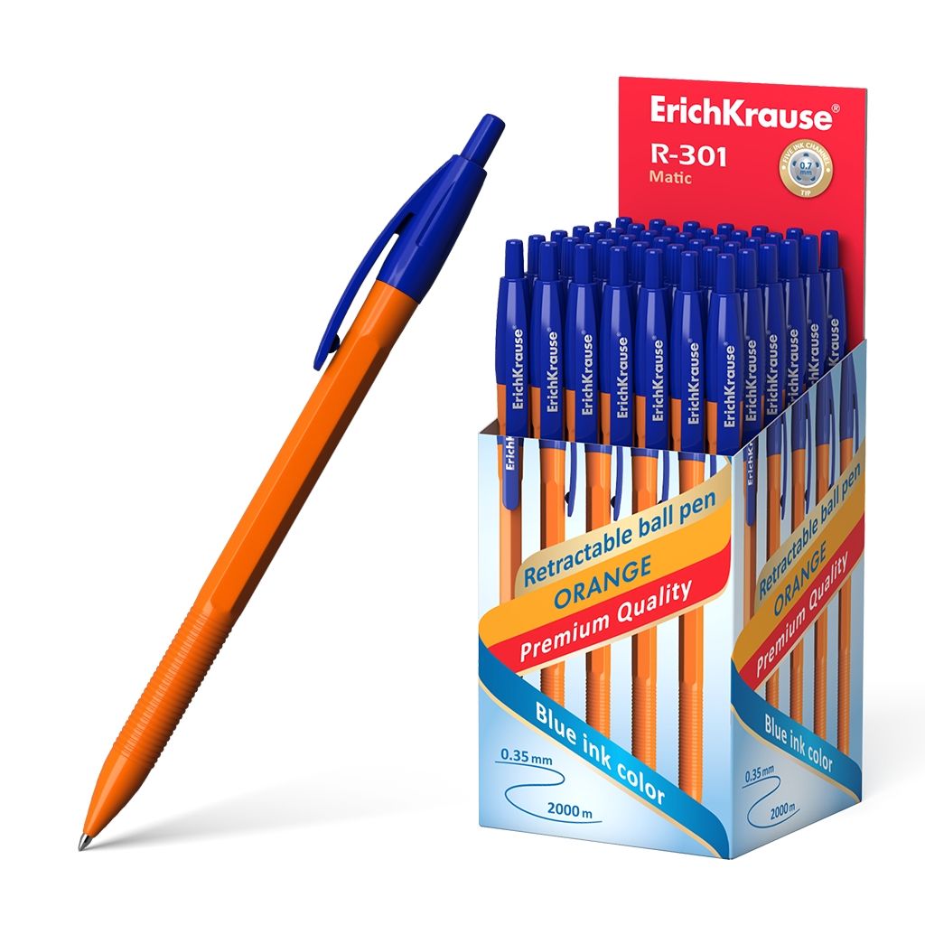 Цена за 50 шт. Ручка шариковая автоматическая ErichKrause R-301 Matic Orange 0.7, цвет чернил синий (в коробке по 50 шт.)