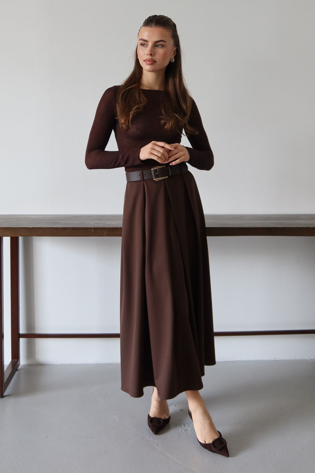 Koyu Kahverengi Kemerli Can/A-Line Dokuma Uzun Maxi Etek TWOAW26ET00168 - Trendyolmilla фото 5