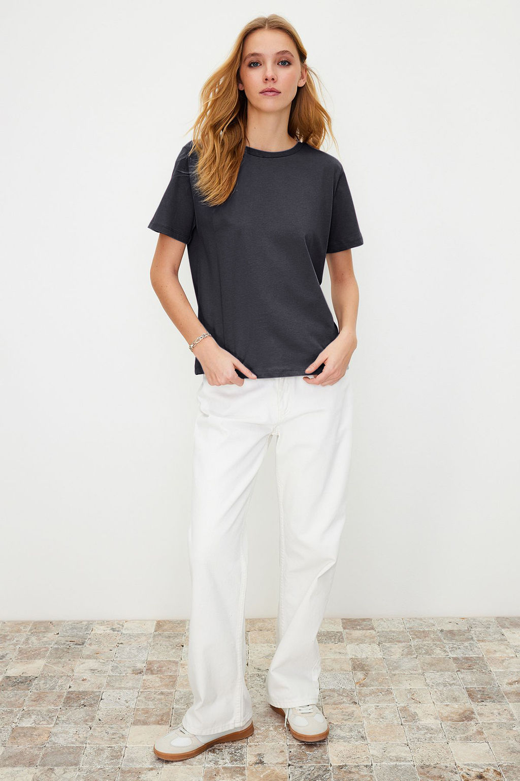 Antrasit %100 Pamuk Basic Bisiklet Yaka Orme T-Shirt TWOSS23TS00000