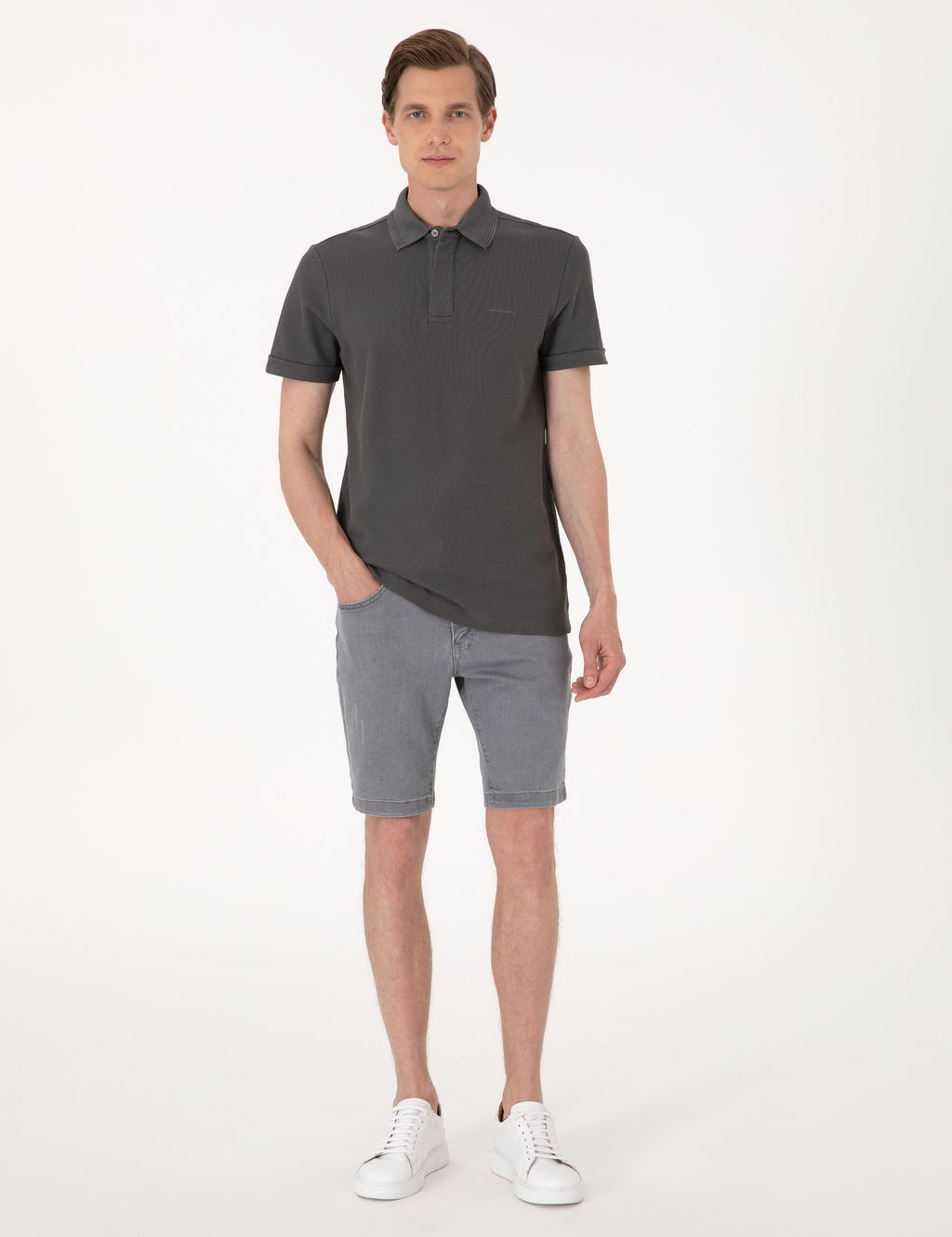 Gri Slim Fit %100 Pamuk K_vr_lmaz Amerikan Pike Polo Yaka Basic Ti__rt