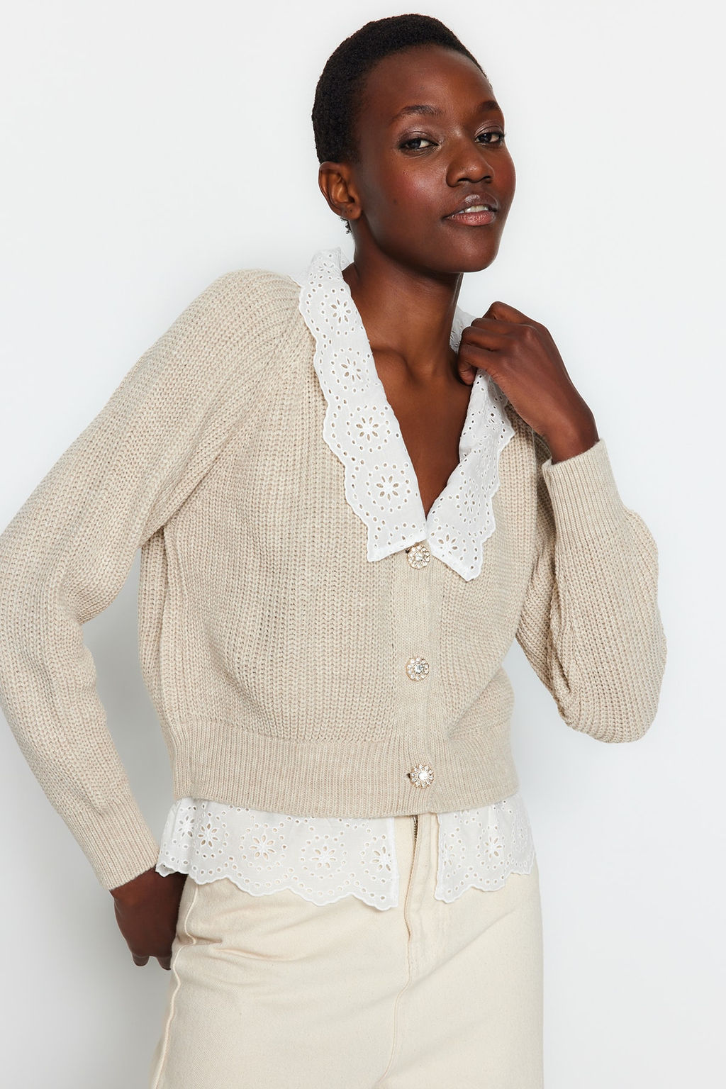 Tas Crop Gomlek Garnili Detayl? V Yaka Triko H?rka TWOAW24HI00221