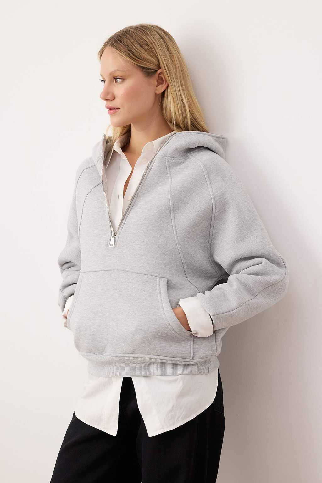 Kahverengi Yar?m Pat Fermuarl? Dikis Detayl? Oversize/Genis Kal?p Orme Sweatshirt TWOAW26SW00222 - Trendyolmilla фото 6