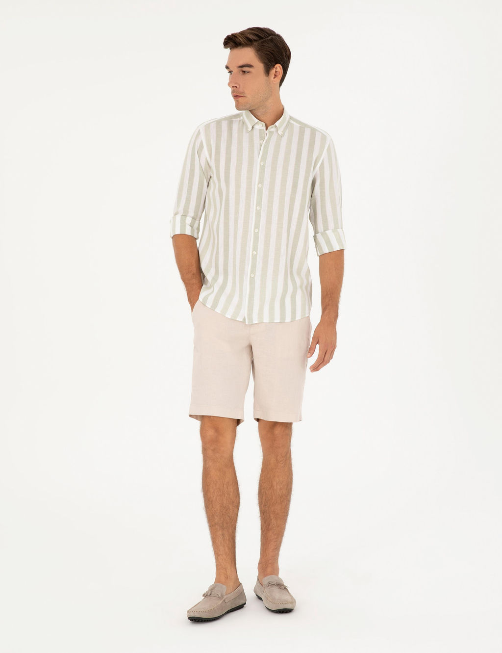 Bej Slim Fit Keten Beli Lastikli Dokuma _ort