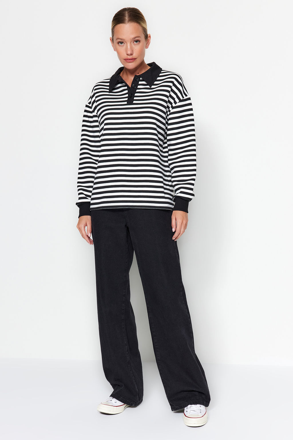 TRENDYOLMILLA Mavi Cizgili Polo Yaka Kal?n Ici Polarl? Oversize Orme Sweatshirt TWOAW24SW00344 фото 4