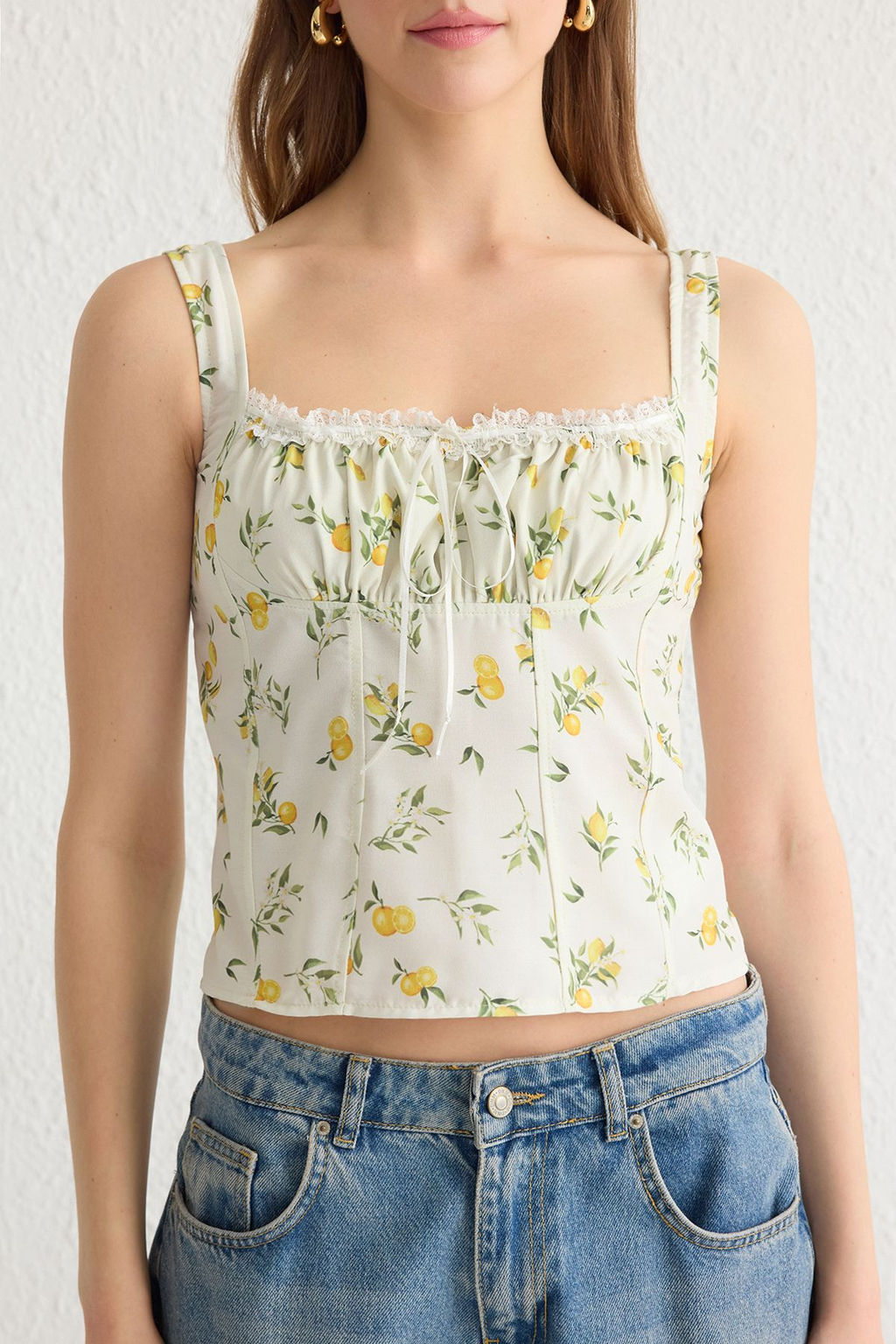 Trendyolmilla Ekru Ask?l? Limon Desenli Onu Buzgulu Crop Dokuma Bluz TWOSS25BZ00052  фото 6