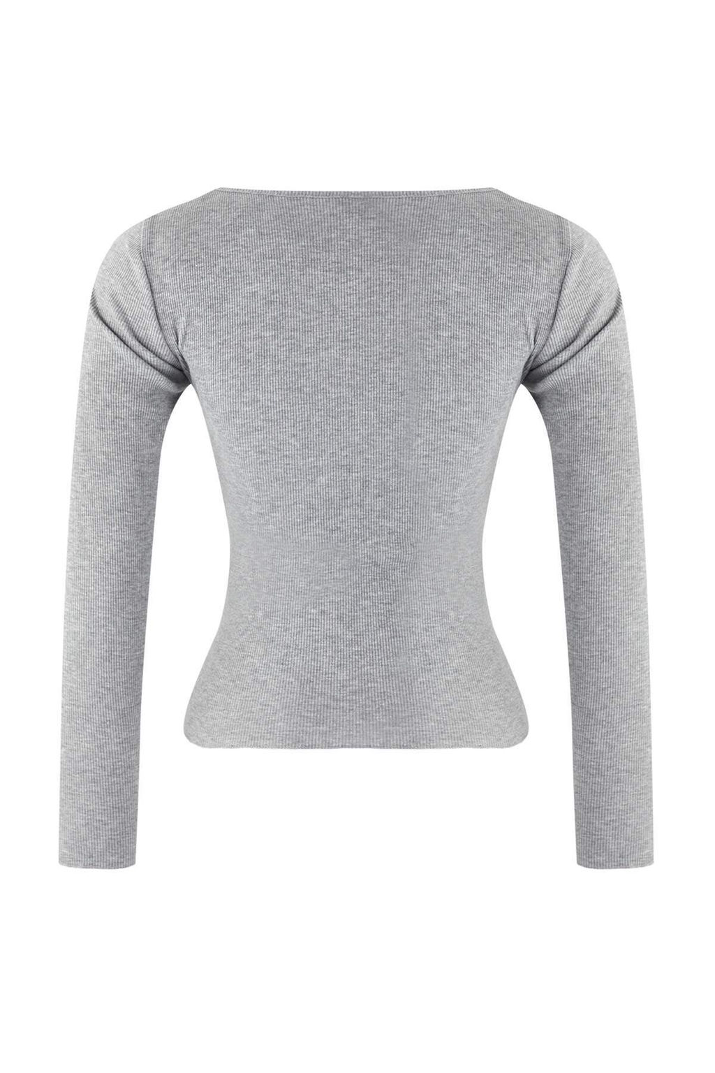 Kahverengi-Gri Melanj 2li Paket V Yaka Fitted/Vucuda Oturan Pamuklu Esnek Orme Bluz TWOAW24BZ00068