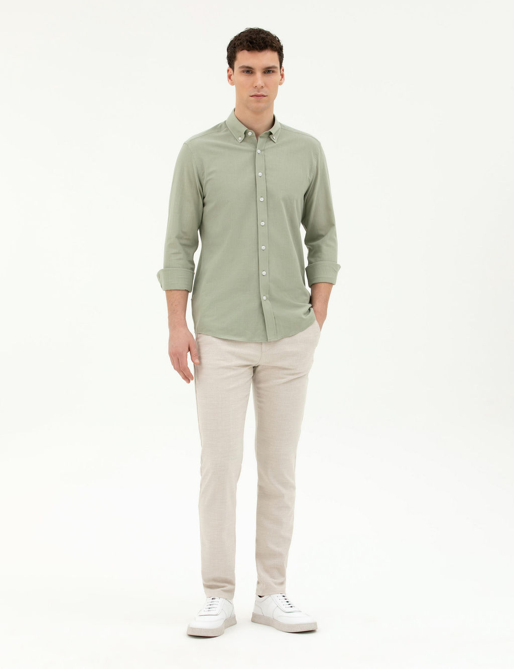Рубашка Slim Fit зеленая с длинным рукавом
