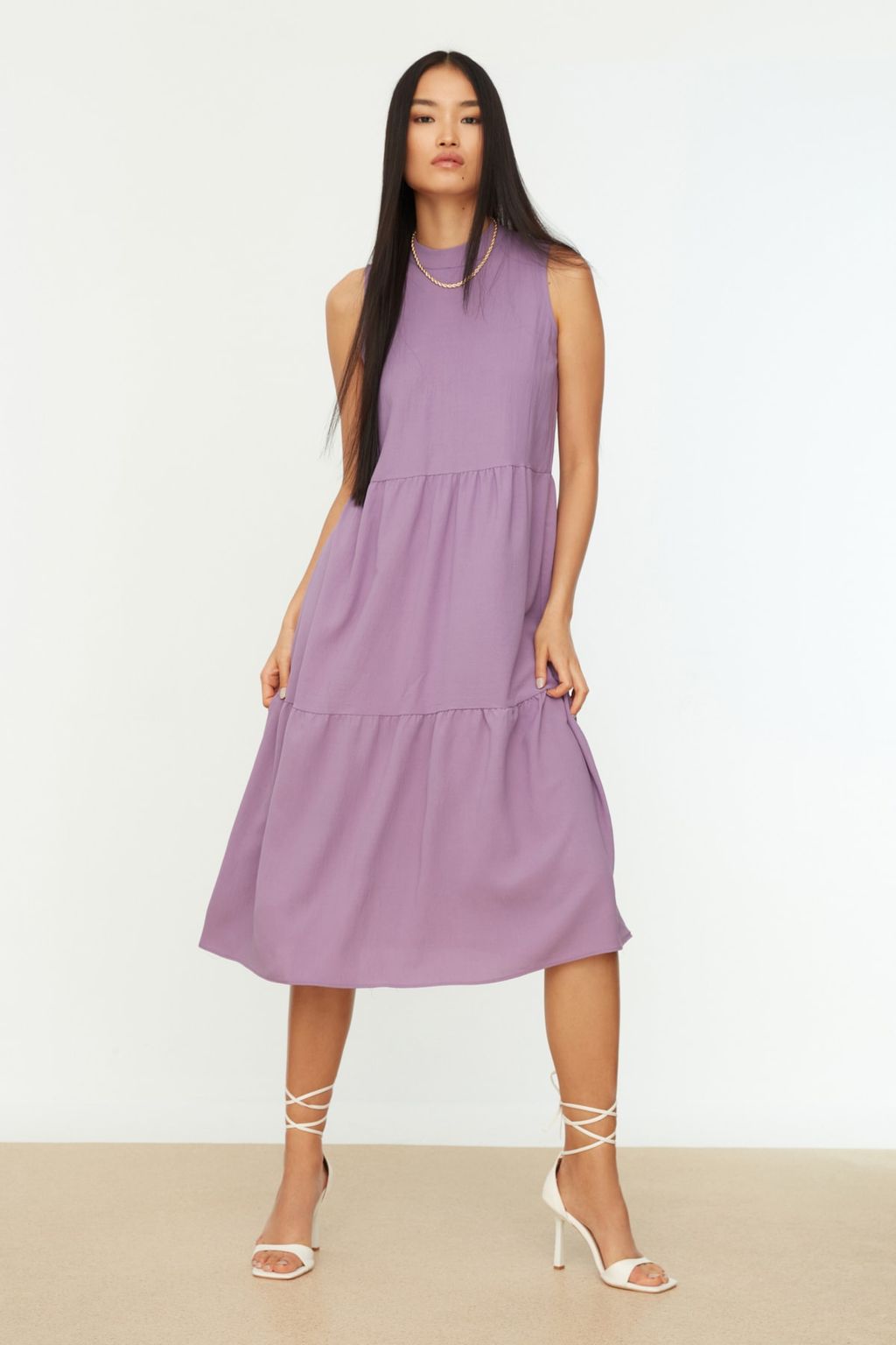 TRENDYOLMILLA Kahverengi Shift/Duz Kesim Dik Yaka Midi Dokuma Elbise TWOSS20EL1864 фото 12