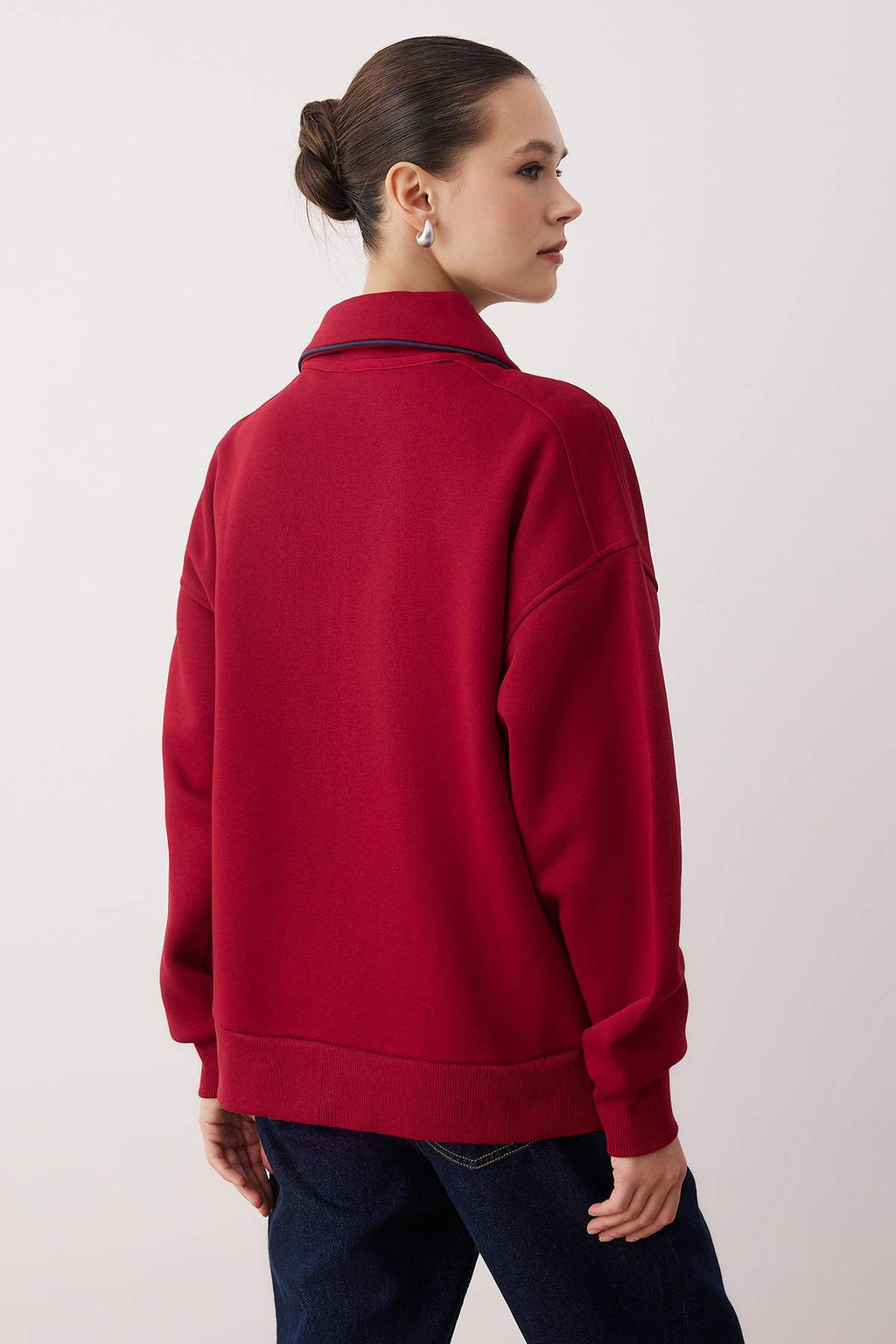 Bordo Polo Yaka Biyeli Oversize/Genis Kal?p Orme Sweatshirt TWOAW26SW00195 - Trendyolmilla фото 4
