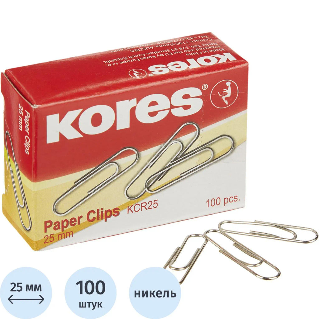 Скрепки KORES с отгибом,никелированные, 25 мм, негофрированные,100шт/уп фото 2