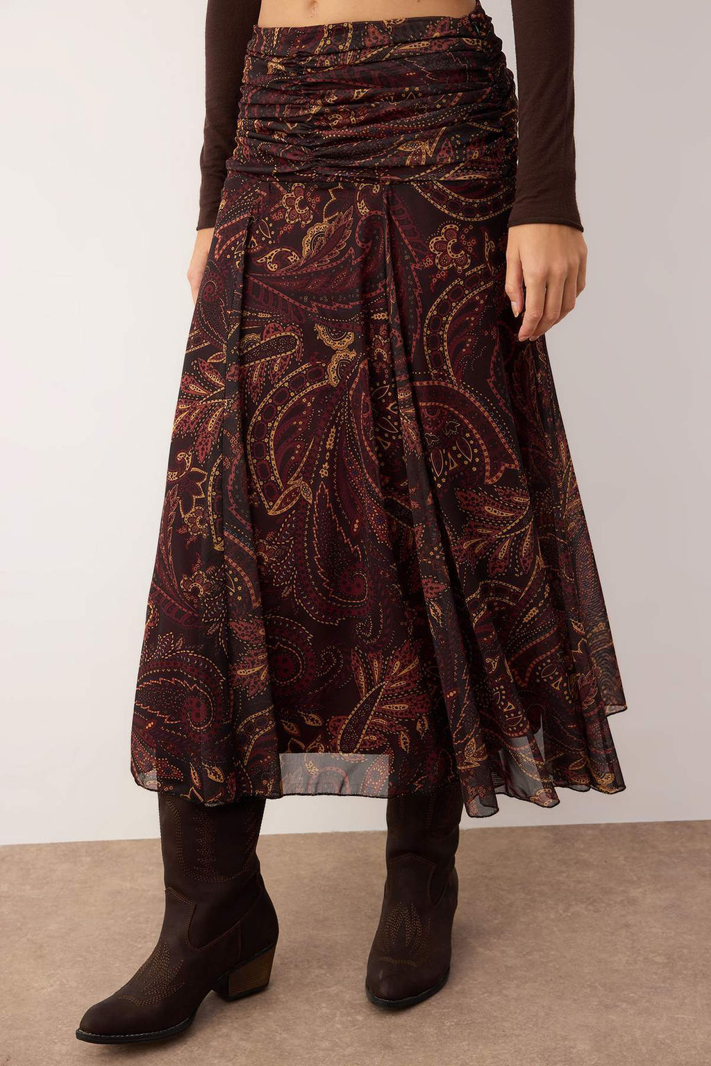 Cok Renkli Maxi Buzgu/Drape Detayl? Boho/Boho Chic Baskl?l? Tul Esnek Orme Etek TWOAW26ET00122