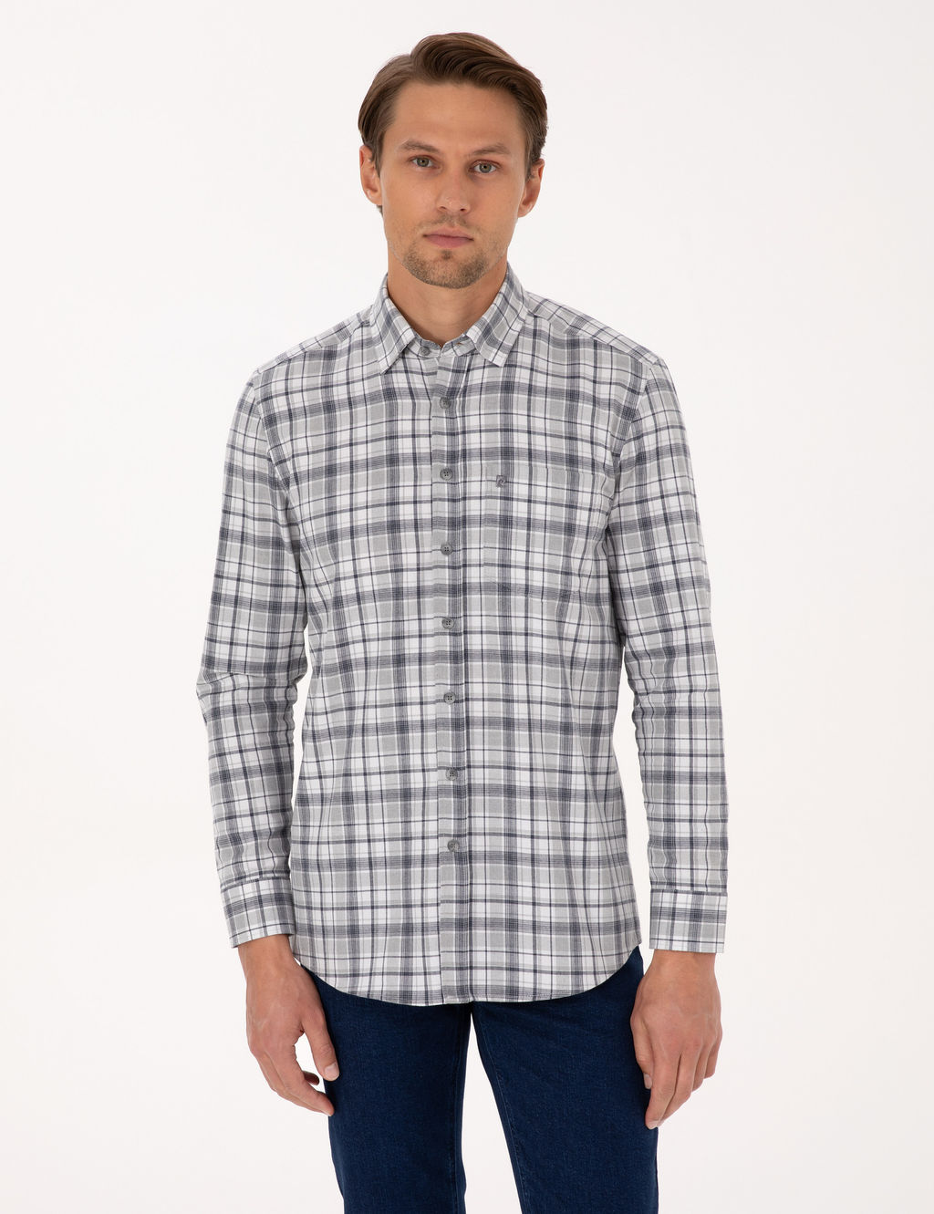 Lacivert Ekose Regular Fit Uzun Kollu G_mlek