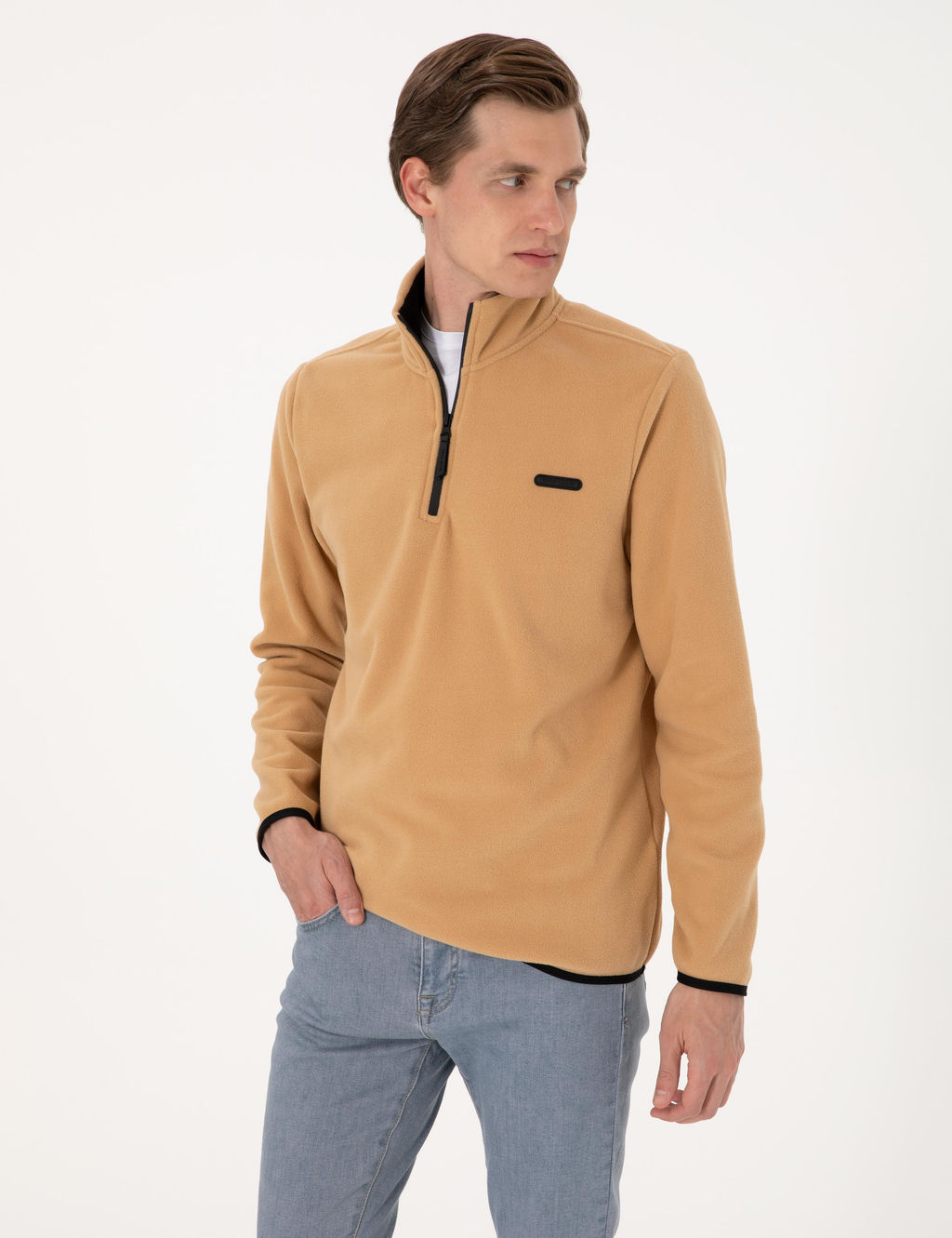 Bej Regular Fit Yar_m Fermuarl_ Polar Sweatshirt