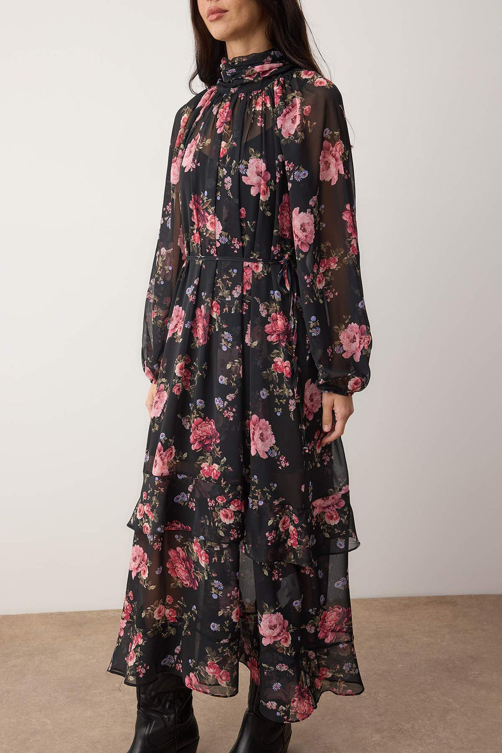 Siyah-Cok Renkli Cicekli Maxi Astarl? Sifon Dokuma Elbise TWOAW26EL00274 - Trendyolmilla фото 3