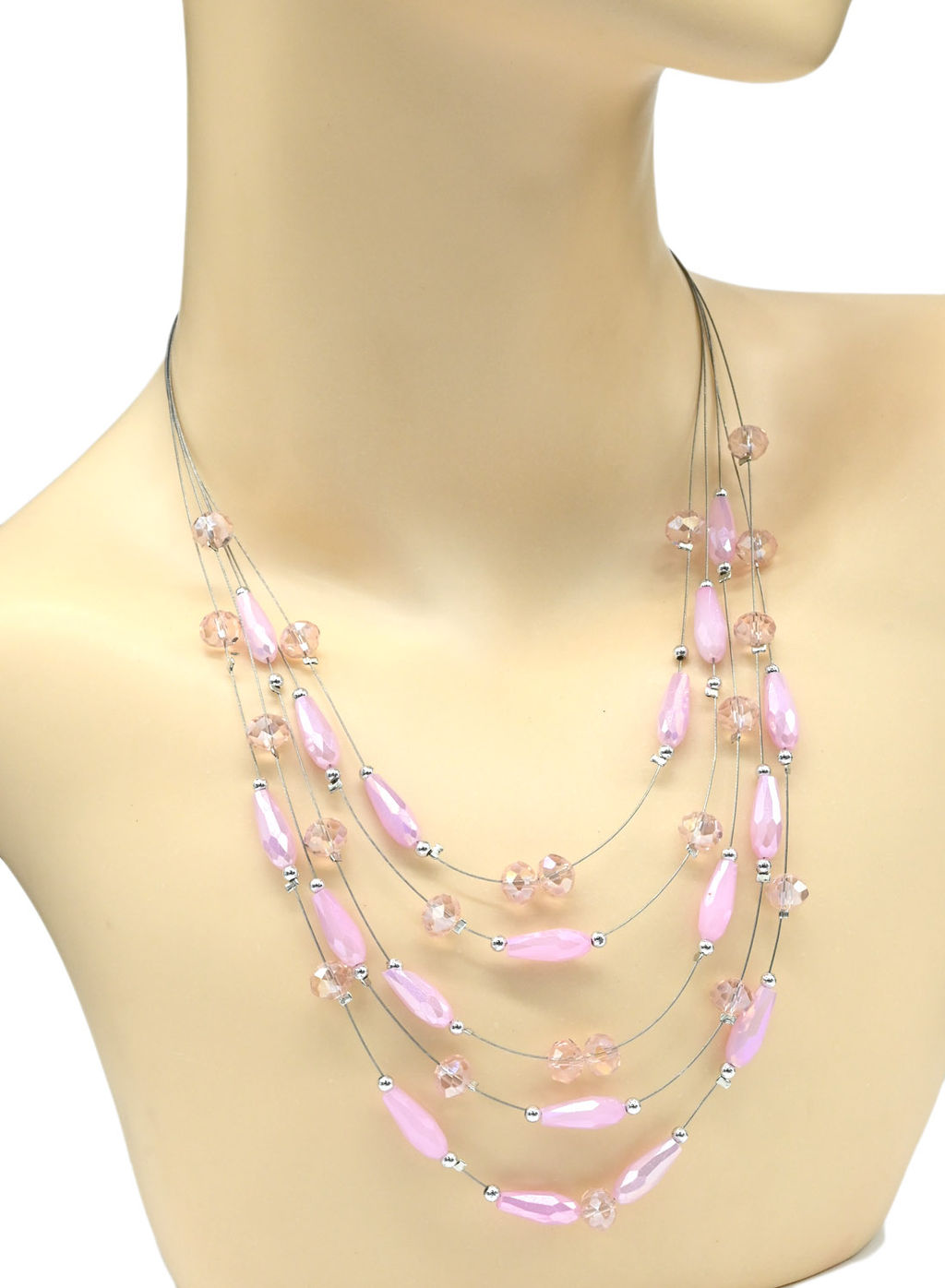 Колье и серьги 5 нитей из циркона цв.розовый, 45см