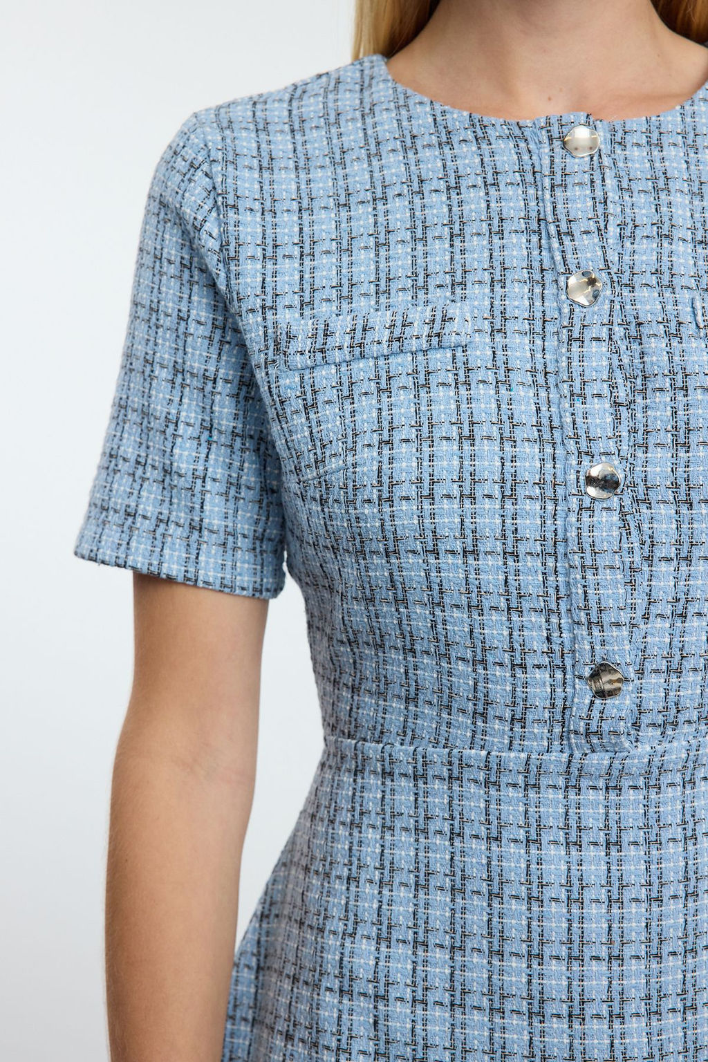 Indigo Etegi Belden Ac?lan Bisiklet Yaka Mini Tuvit Dokuma Elbise TWOAW25EL00280