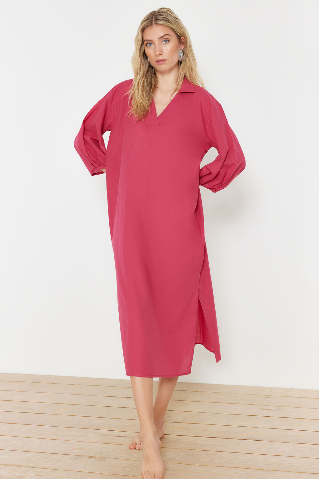 Fusya Dokuma Y?rtmacl? %100 Pamuk Plaj Midi Elbise TBESS22EL0009