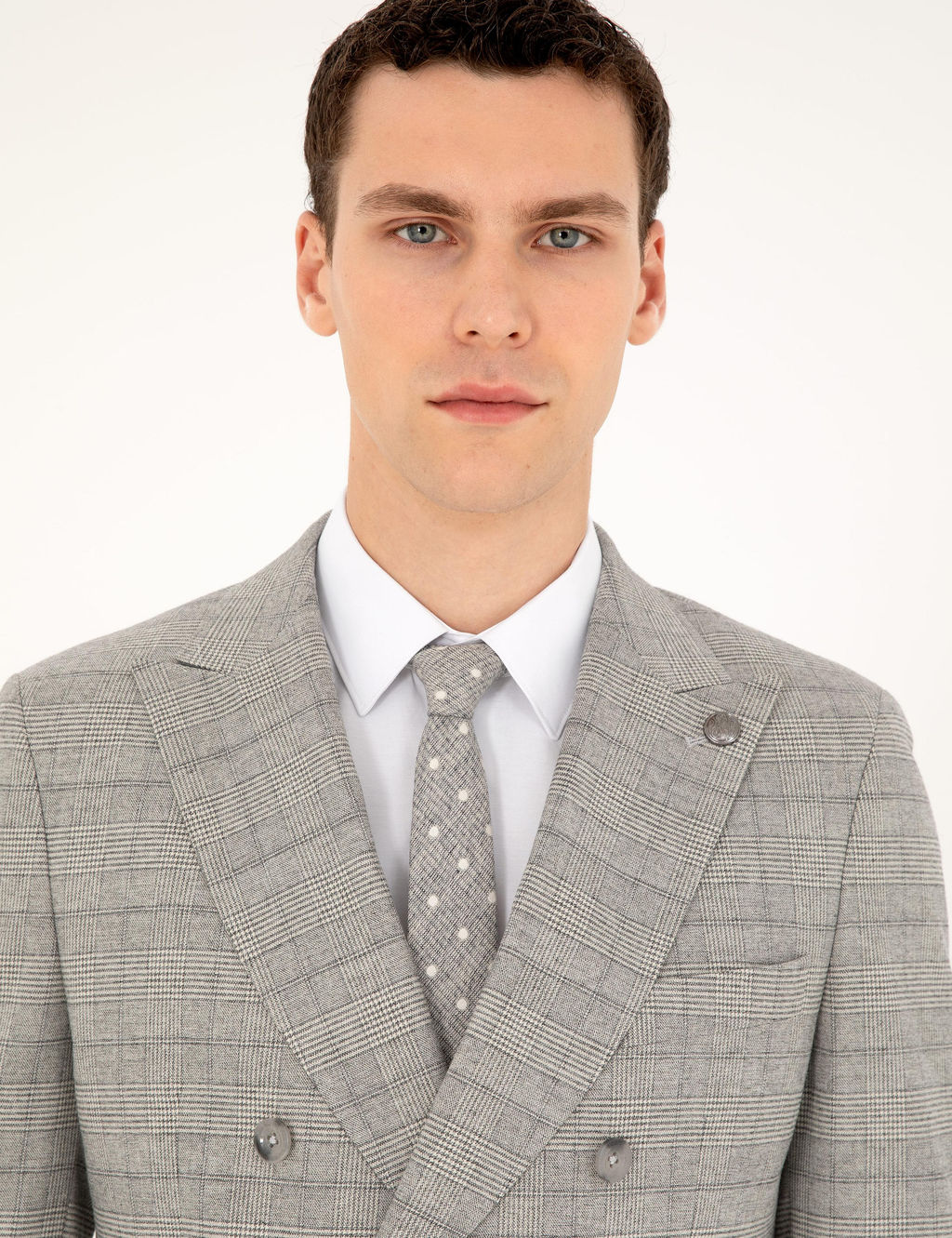 Gri Ex. Slim Fit Ekose Kruvaze Tak_m Elbise