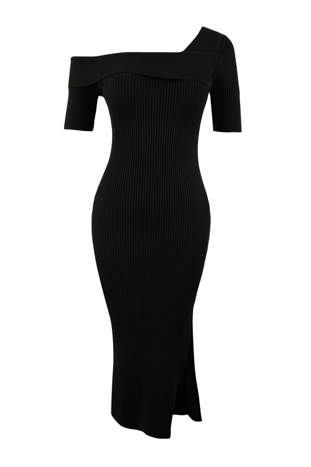 Siyah Asimetrik Yaka Duz Midi Triko Elbise TWOSS26EL00101 - Trendyolmilla фото 5